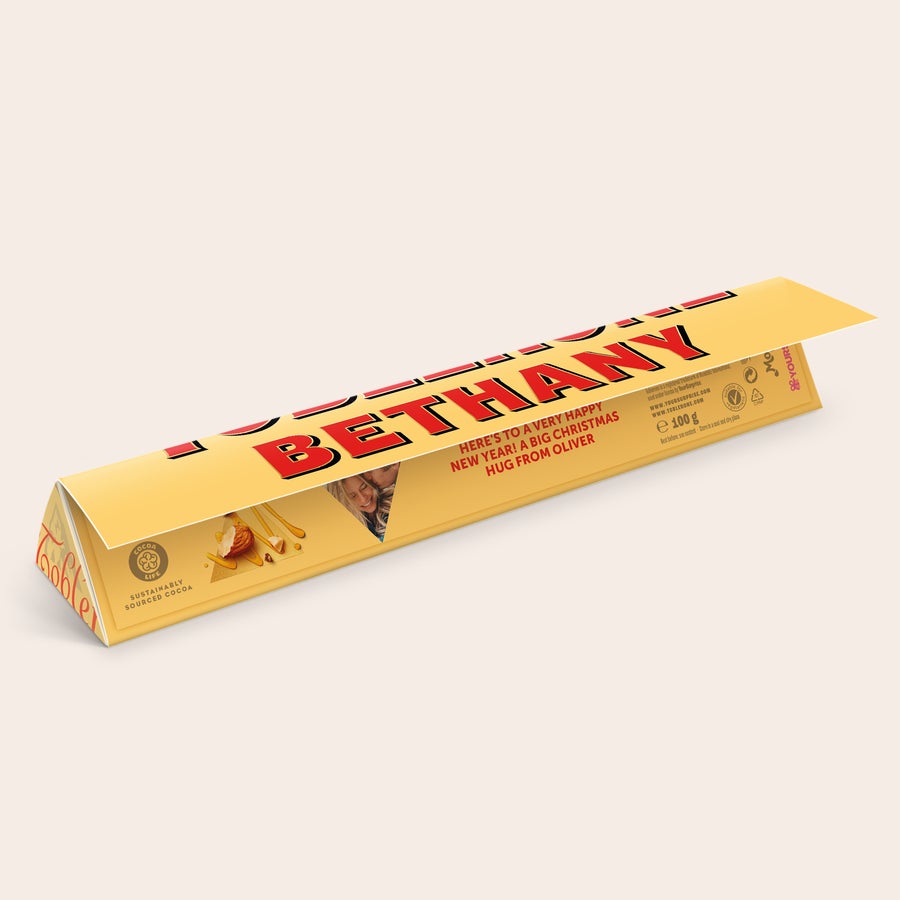 Personalised Toblerone Chocolate Bar Personalised Toblerone bar with printed name Bethany, photo and message