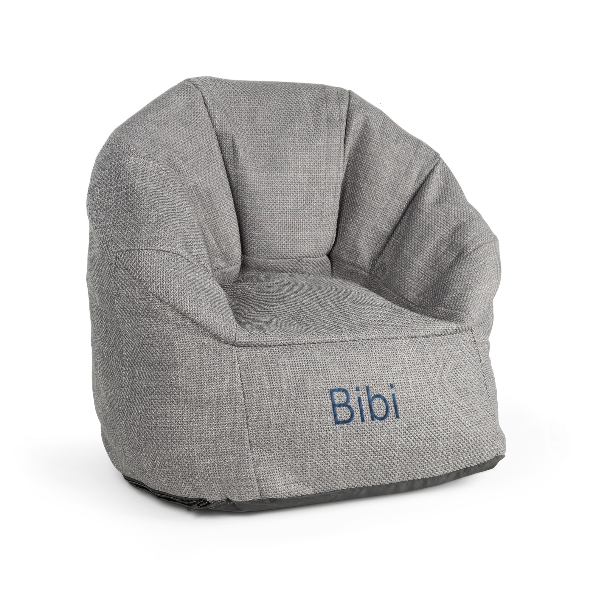 Grijze kinderstoel met de naam Bibi in blauw geborduurd, voor een hippe kinderstoel.