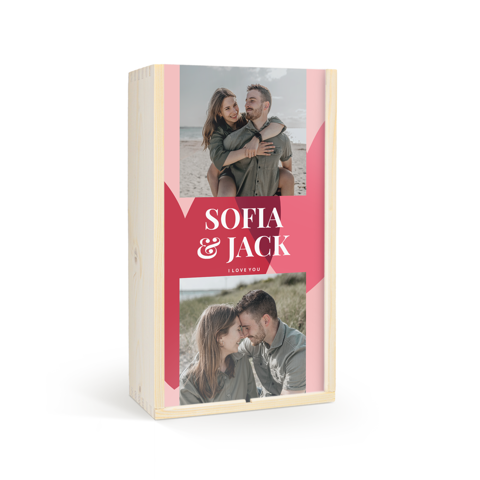 Scatola di legno personalizzata con foto e nomi Sofia & Jack stampati in rosa per il tuo gin and tonic