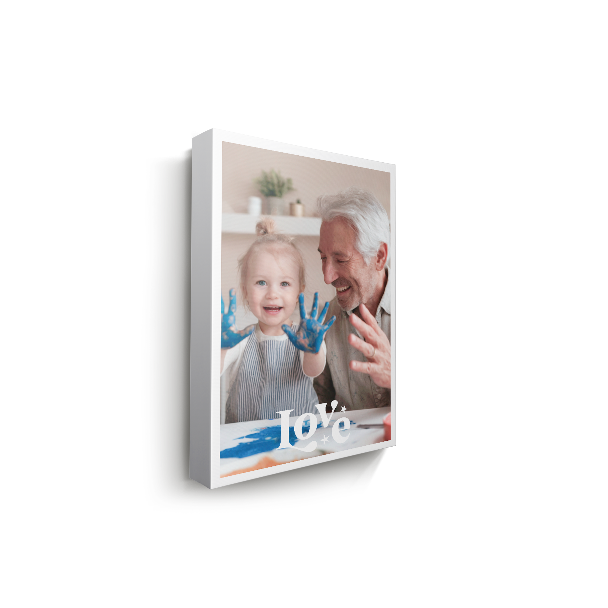 Personalized photo canvas printed with a joyful image of a child and grandparent and the word Love