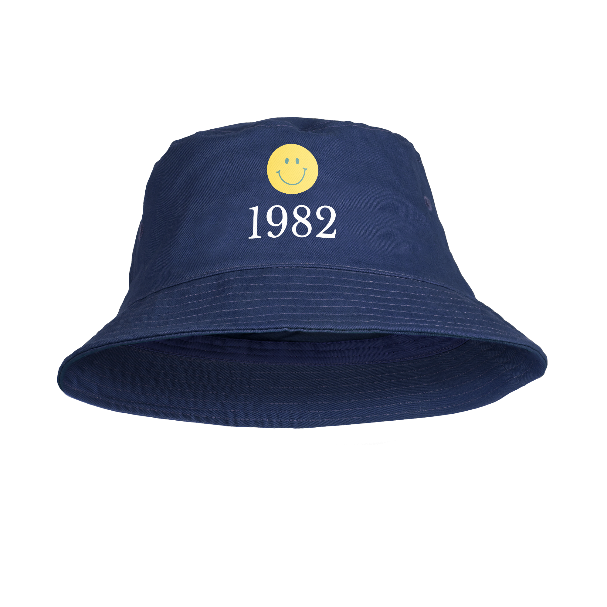 Chapéu de balde azul personalizado, estampado com uma cara sorridente amarela e o número 1982