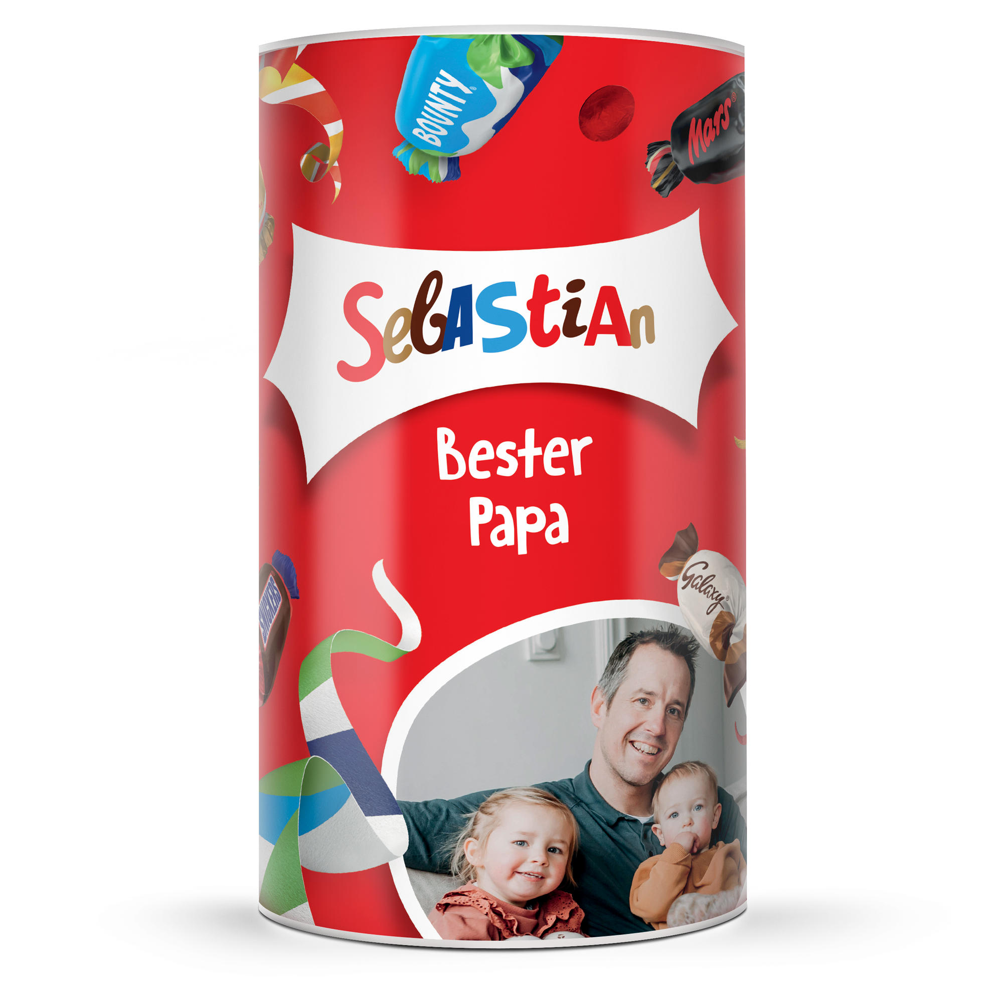 Roter Celebrations Zylinder mit Namen Sebastian und Foto mit Vater und zwei Kindern, bedruckt mit Text Bester Papa.