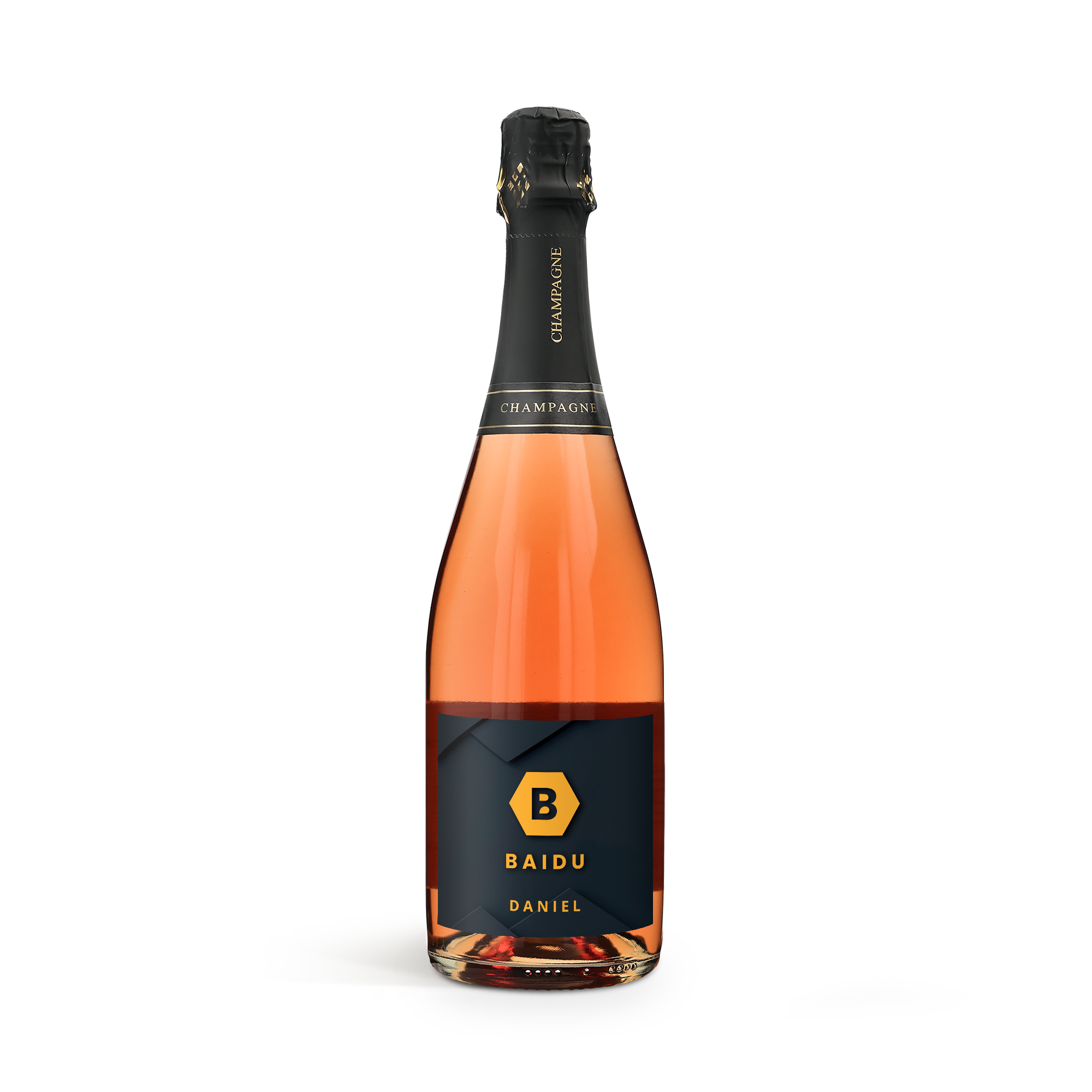Flaska rosé champagne med en svart personlig etikett med initialen B, namnet Baidu och Daniel tryckt i guld