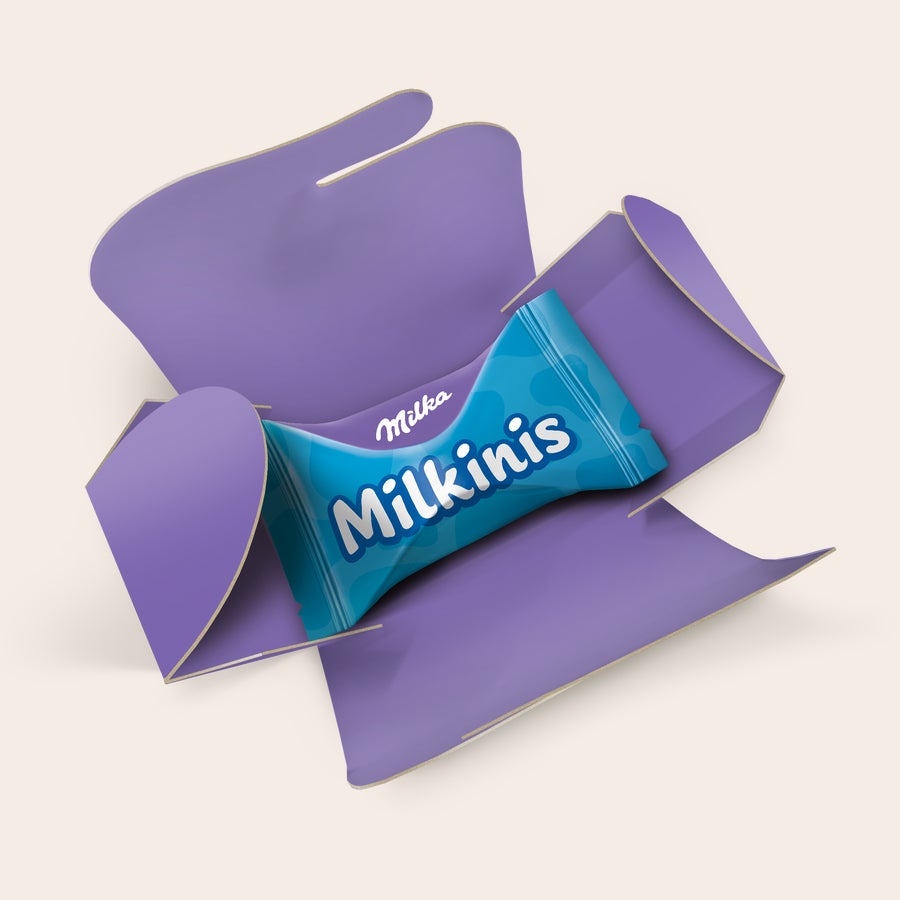 Milka Favourites többcsomagos ajándékok – személyre szabott Nyitott lila egyedi bonbon doboz, benne egy Milkinis szelet csoki, ossz meg egy kis lila örömet, csak nekik készült
