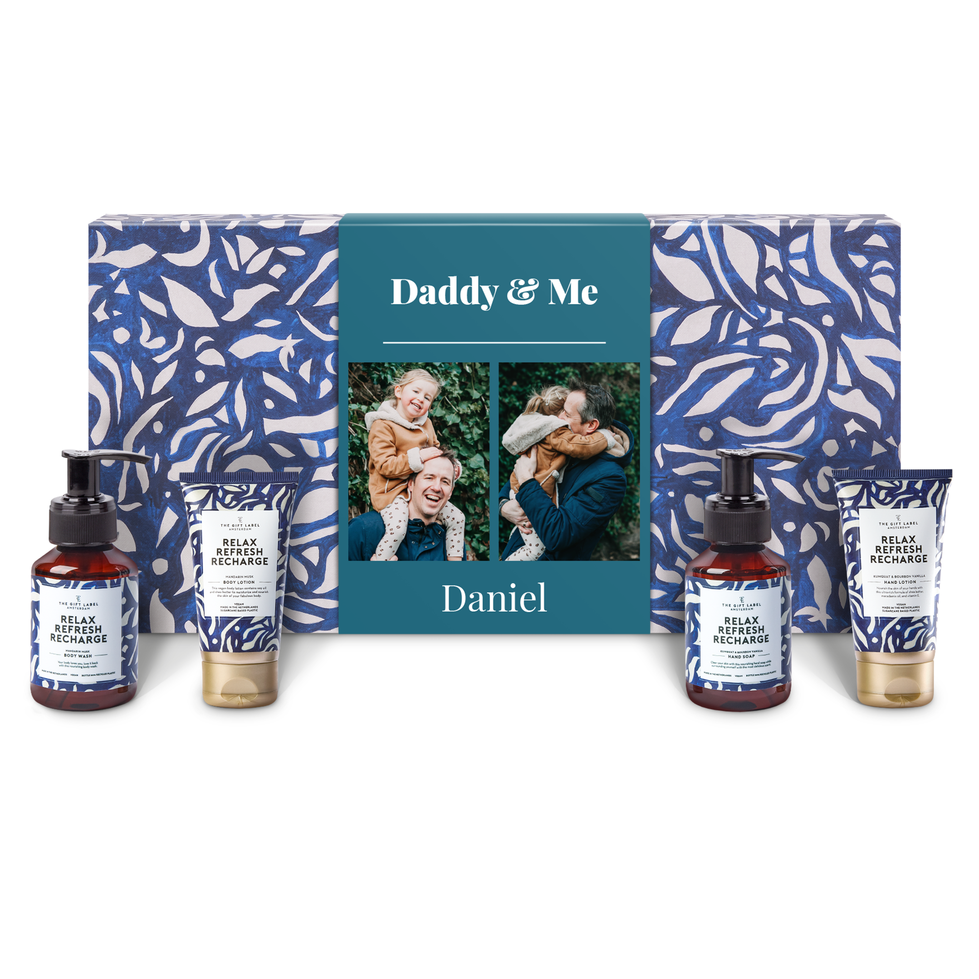 Yksilöitävä vieraspyyhe ja The Gift Label -lahjasetti valokuvilla ja nimellä Daniel