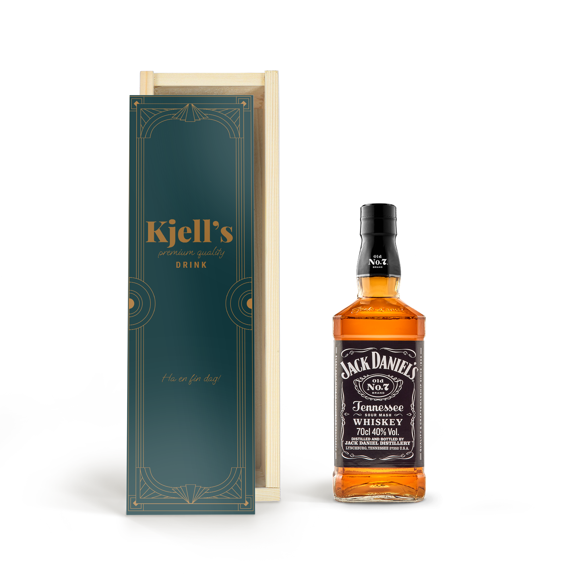 Jack Daniels whisky i personlig träväska