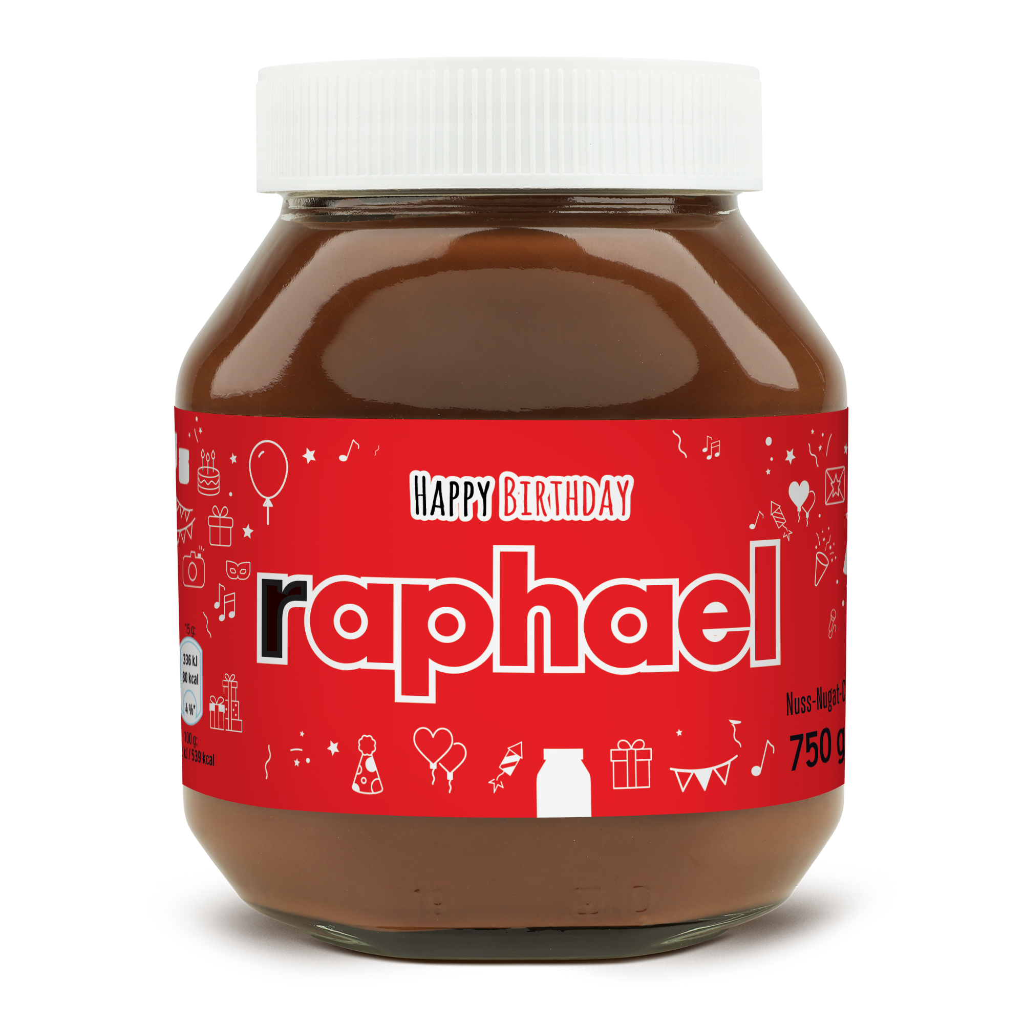 Ein nutella® Glas mit rotem personalisierten Etikett, bedruckt mit dem Namen 