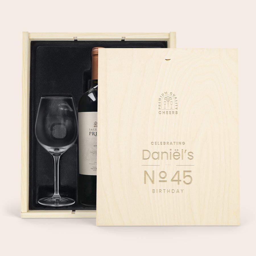 Coffret vin rouge avec 2 verres - Salentein Primus Malbec - Couvercle gravé Coffret vin rouge avec 2 verres - Salentein Primus Malbec - Couvercle gravé