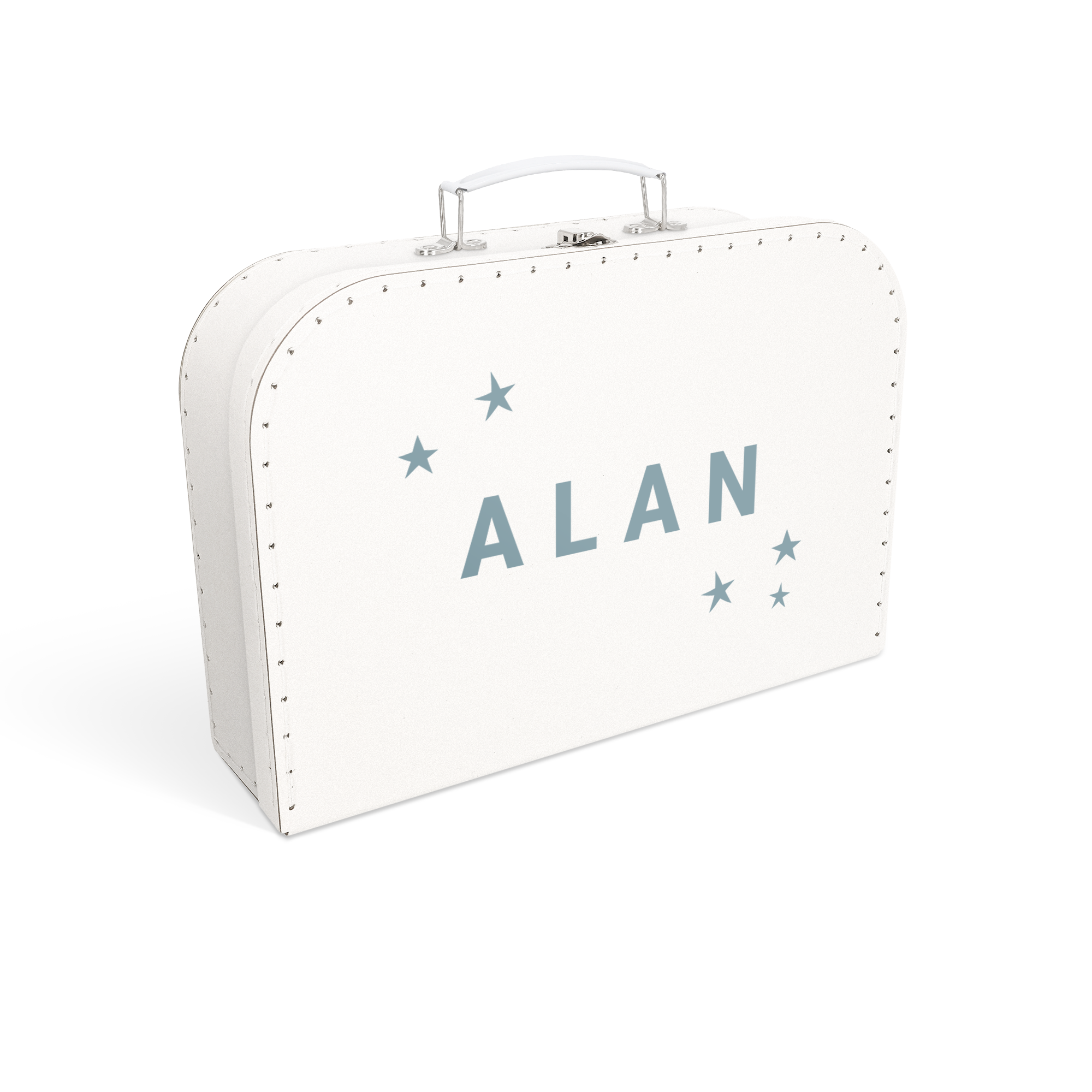 Valisette blanche personnalisée avec le prénom ALAN imprimé et des étoiles bleues, pour ranger les affaires