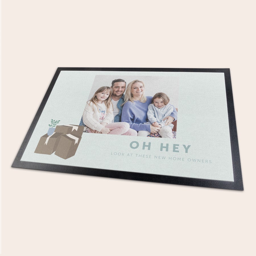 Personalised doormat Personalized doormat printed with a family photo and text Oh Hey Look at These New Home Owners.