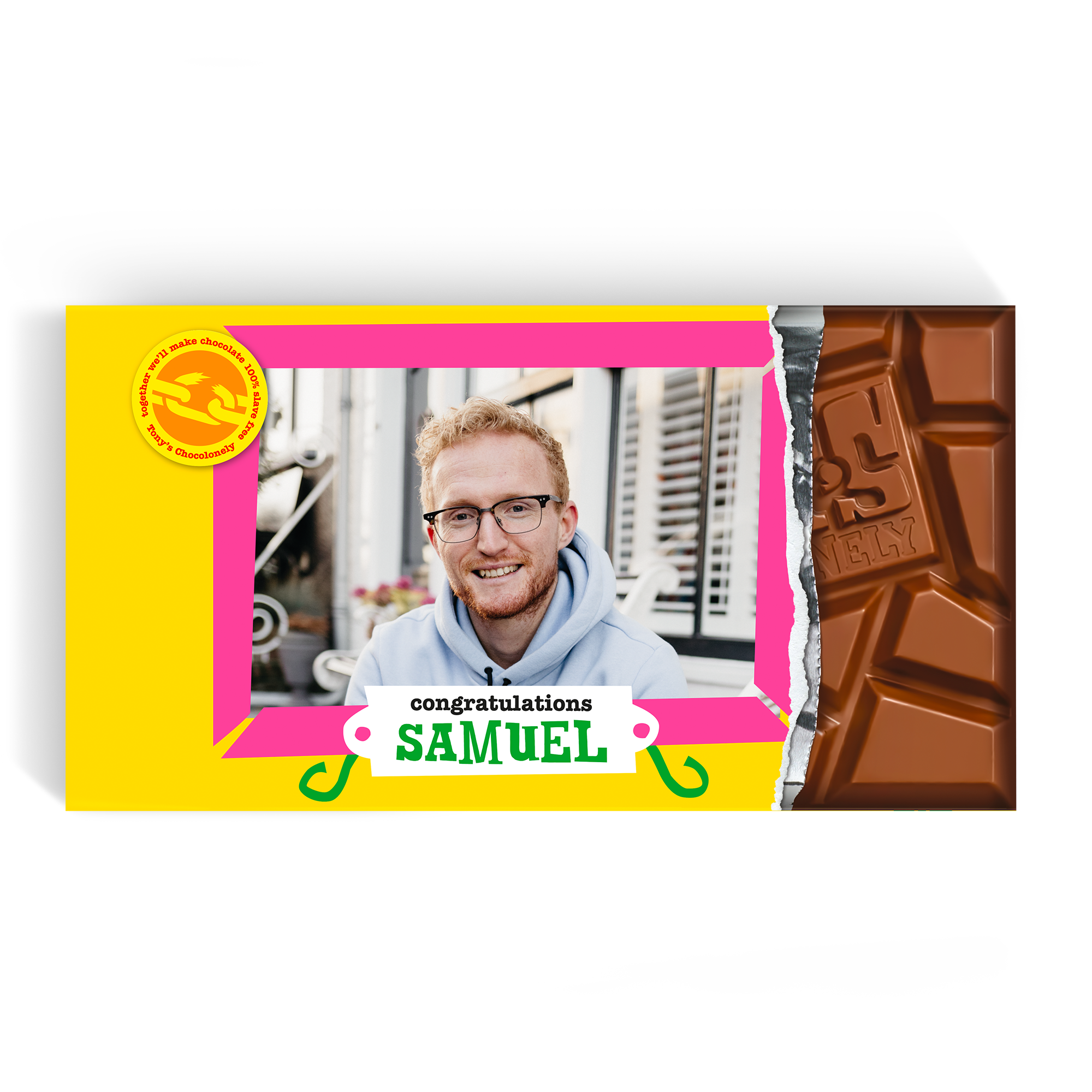 XL Tony's Chocolonely chocolate bar with a personalized photo of a man and the name Samuel printed on the wrapper