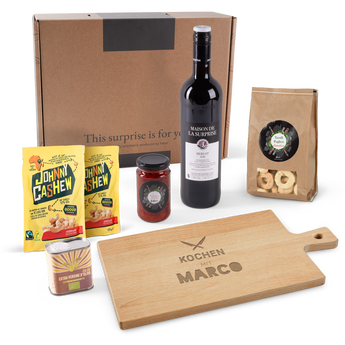 Präsentbox mit Wein, Servierbrett & Snacks