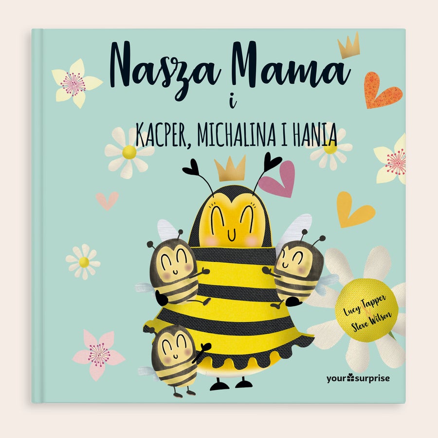 Personalizowana książka - Nasza Mama Urocza książeczka dla mamy od dzieci ze spersonalizowanymi imionami i grafiką pszczółek