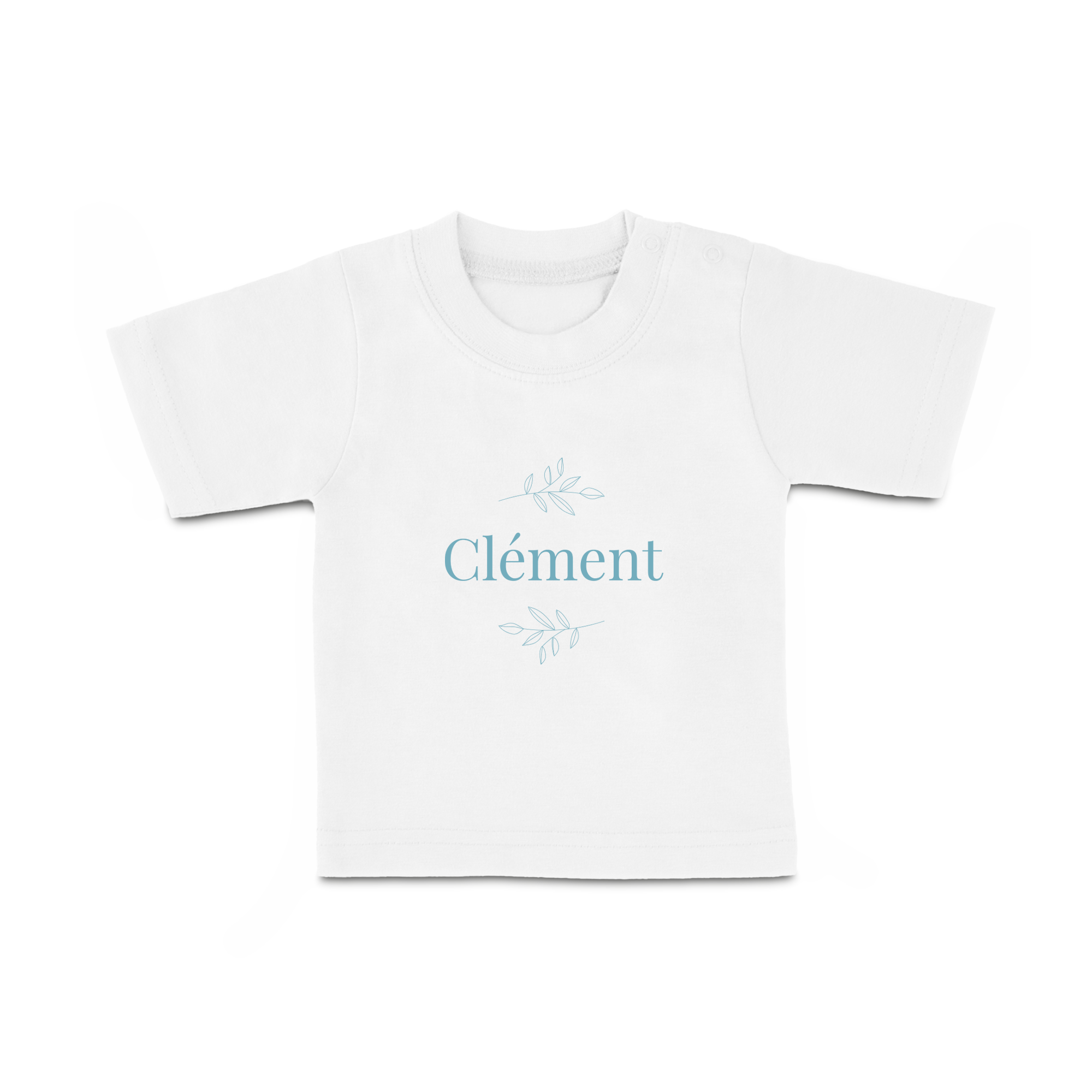 T-shirt bébé blanc à manches courtes imprimé du prénom Clément et d'un motif végétal pour habiller votre petit avec style