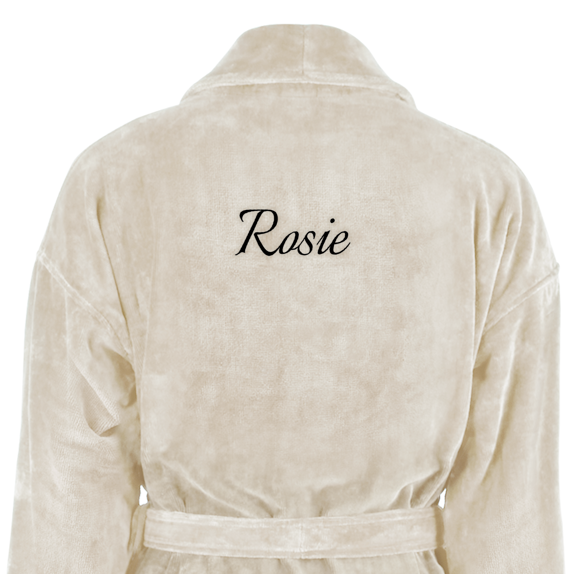 Halat de baie personalizat de lux, crem, cu guler șal, brodat cu numele Rosie cu font negru elegant pe spate.