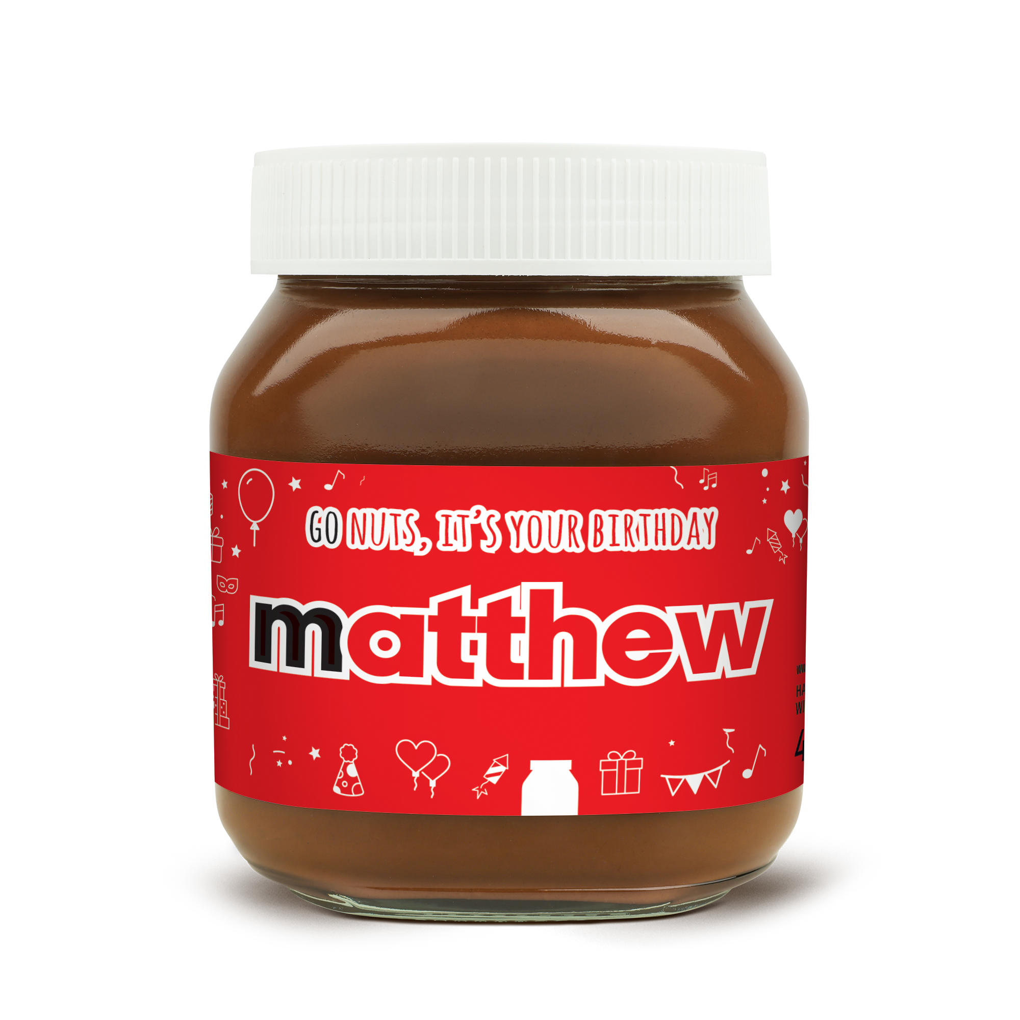 Personalised Nutella jar 450 gr Original with Go Nuts Its Your Birthday and Matthew printed on a red label