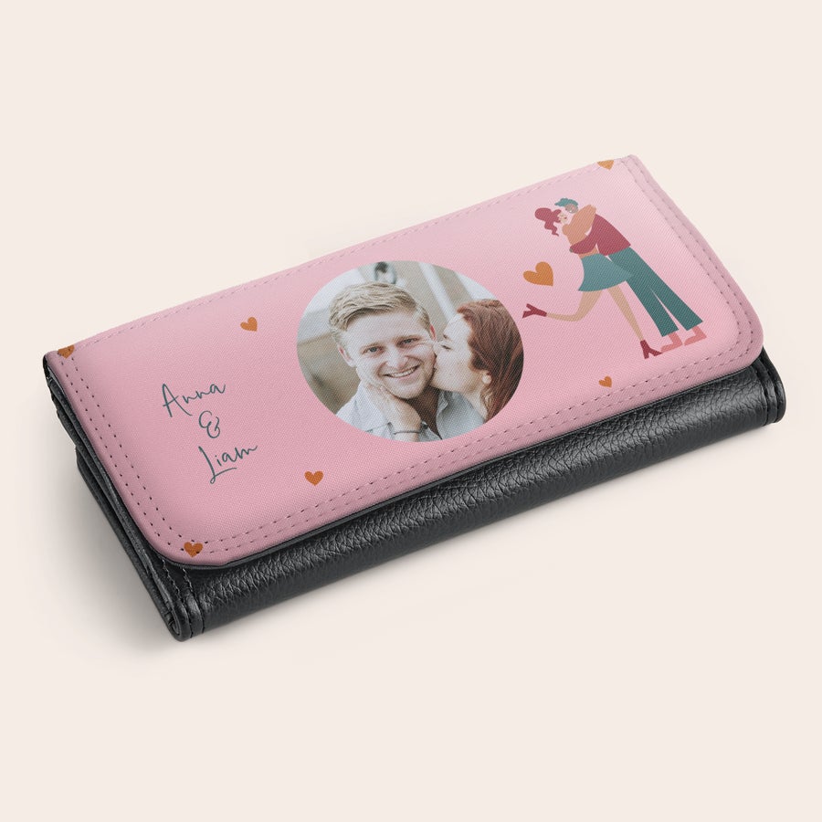 Wallet Pink and black personalised large purse printed with a photo of a couple and the names Anna & Liam