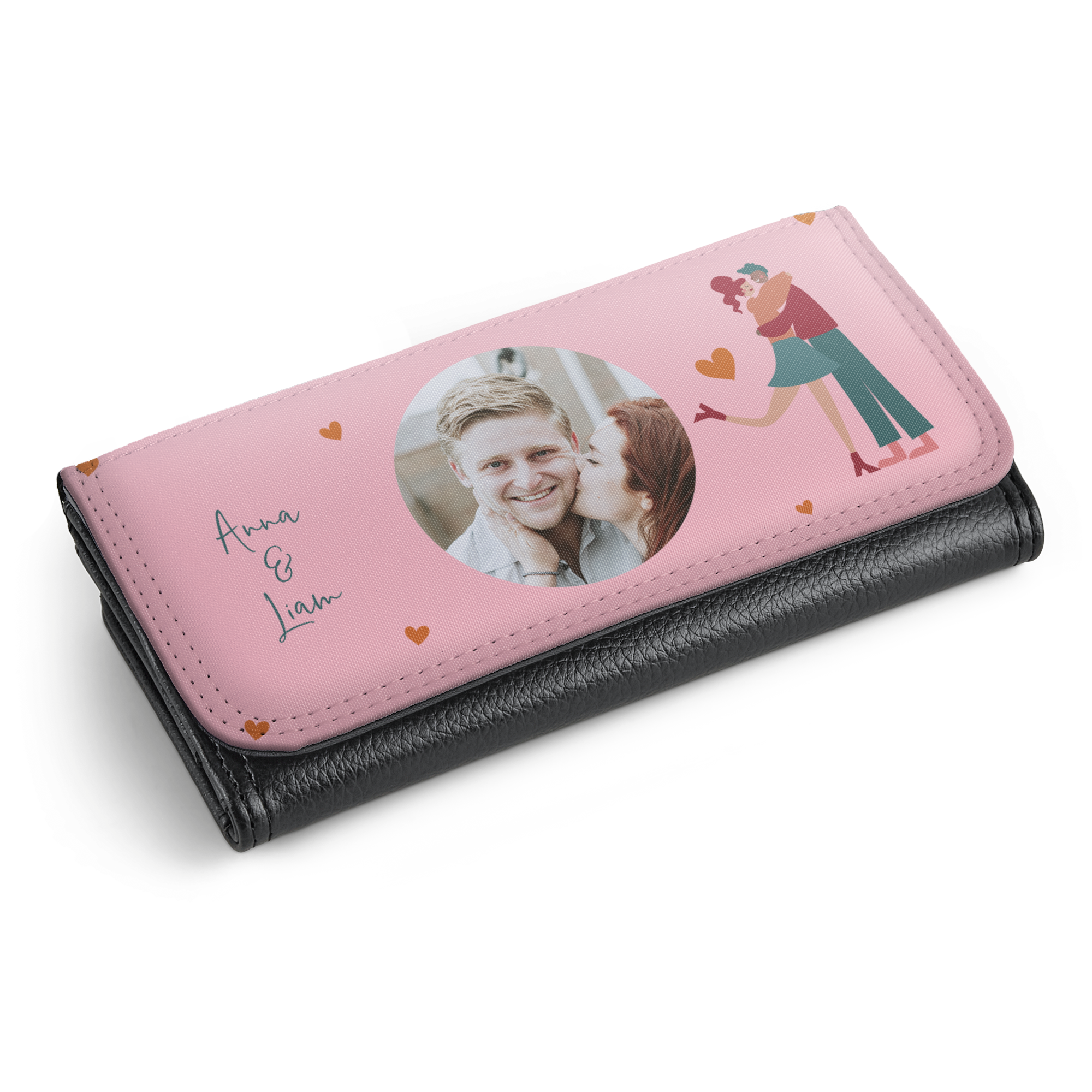 Personalisierbares Portemonnaie mit Foto eines Paares und dem Text Anna & Liam.
