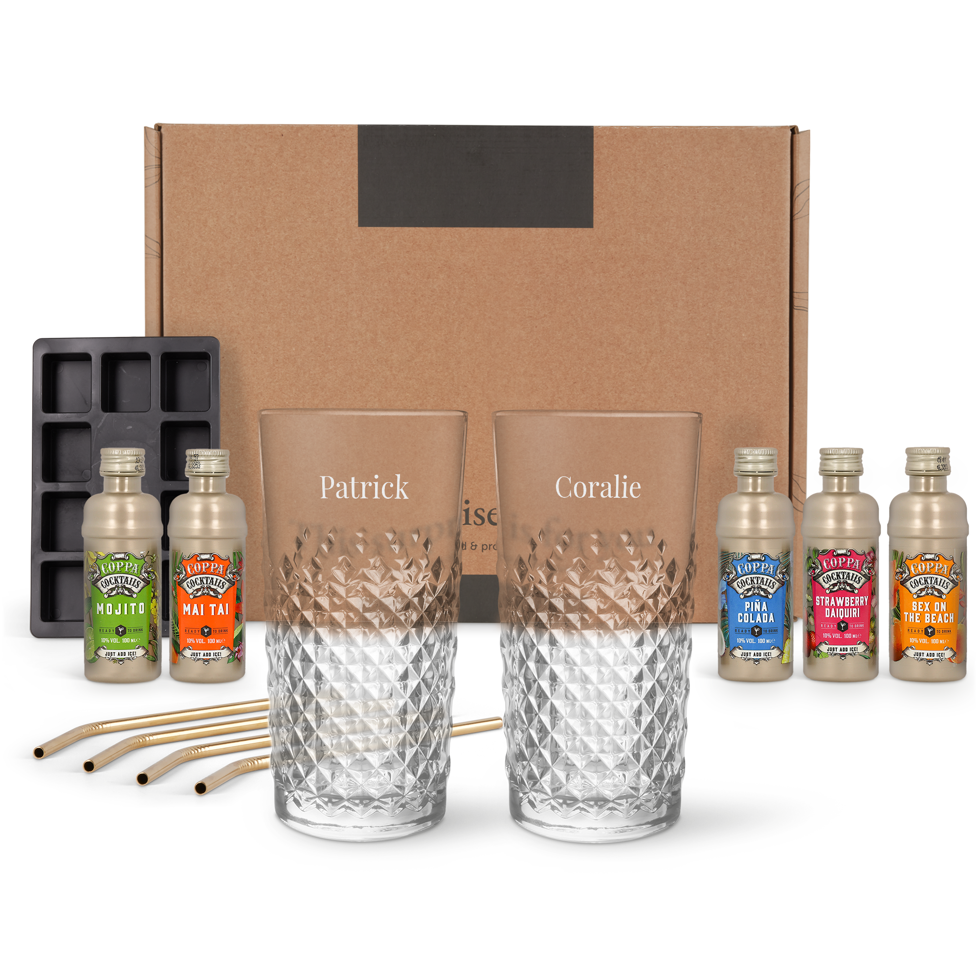 Coffret cadeau cocktails, deux verres gravés Patrick et Coralie, pailles, bac à glaçons et minis Coppa cocktails, surprenez votre amateur de cocktails préféré avec son propre coffret cadeau de cocktails.
