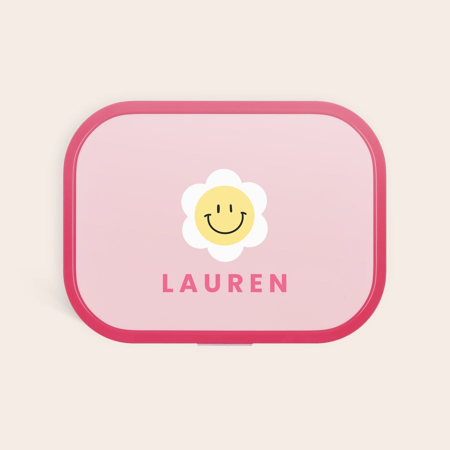 Cutie pentru prânz Mepal - personalizată Cutie de prânz personalizată roz Mepal cu floare zâmbitoare și numele Lauren imprimat pe capac