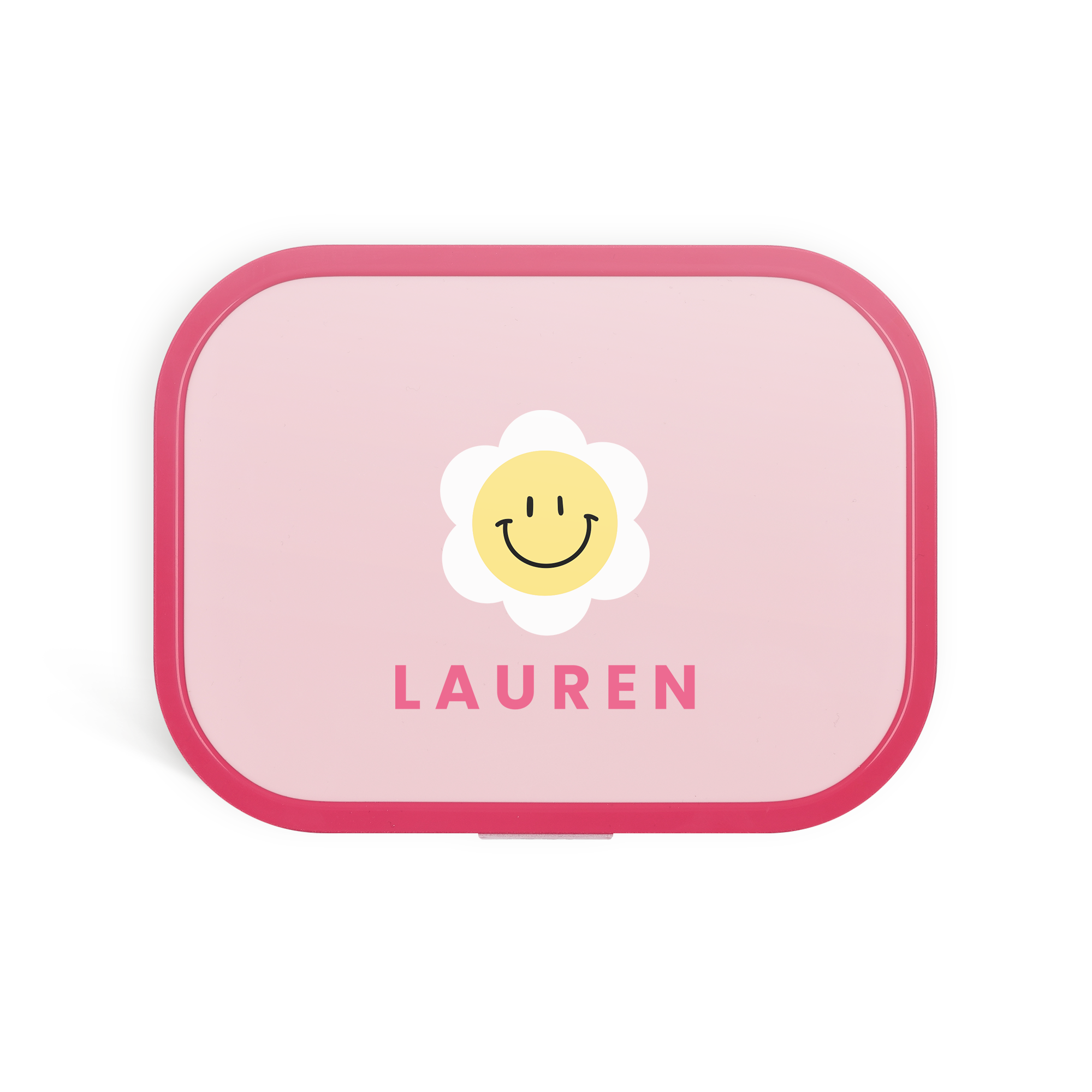Lunchbox Mepal rosa personalizzata con il nome Lauren e un fiore sorridente, rende speciale l'ora di pranzo