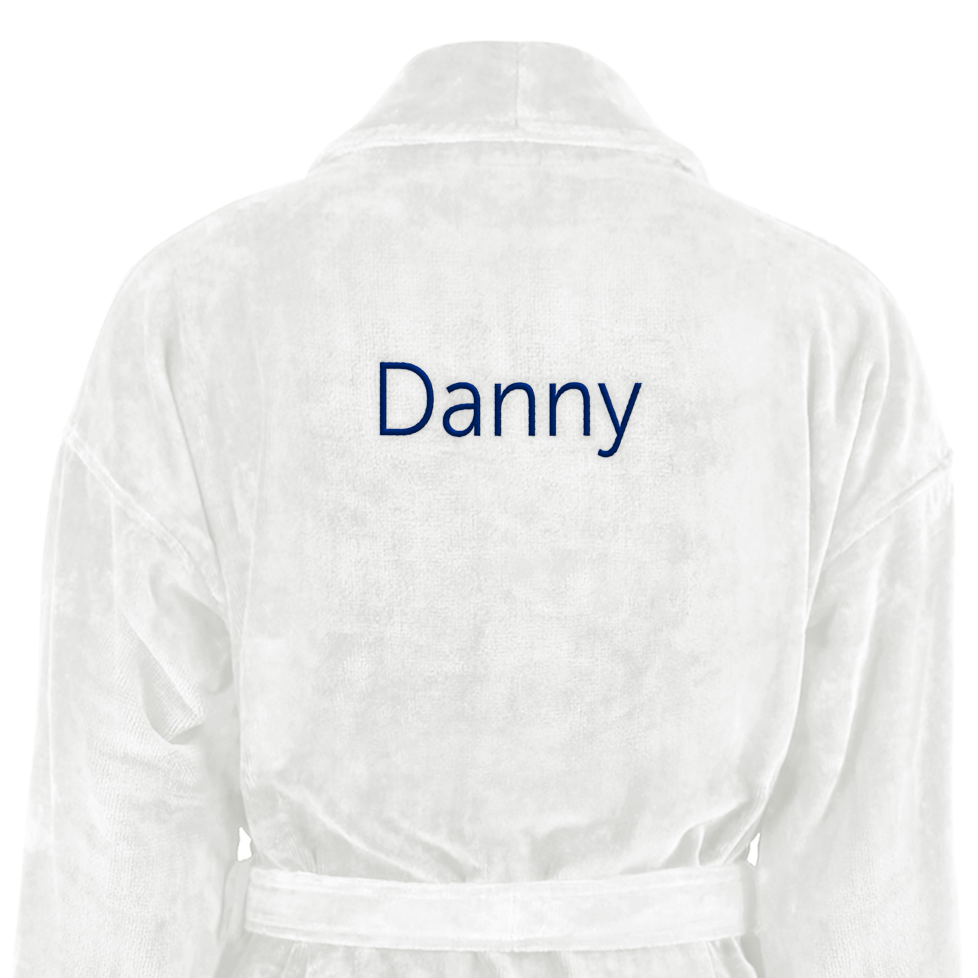 Luxe witte badstof badjas met de naam Danny in blauw geborduurd op de rug, met sjaalkraag en ceintuur.
