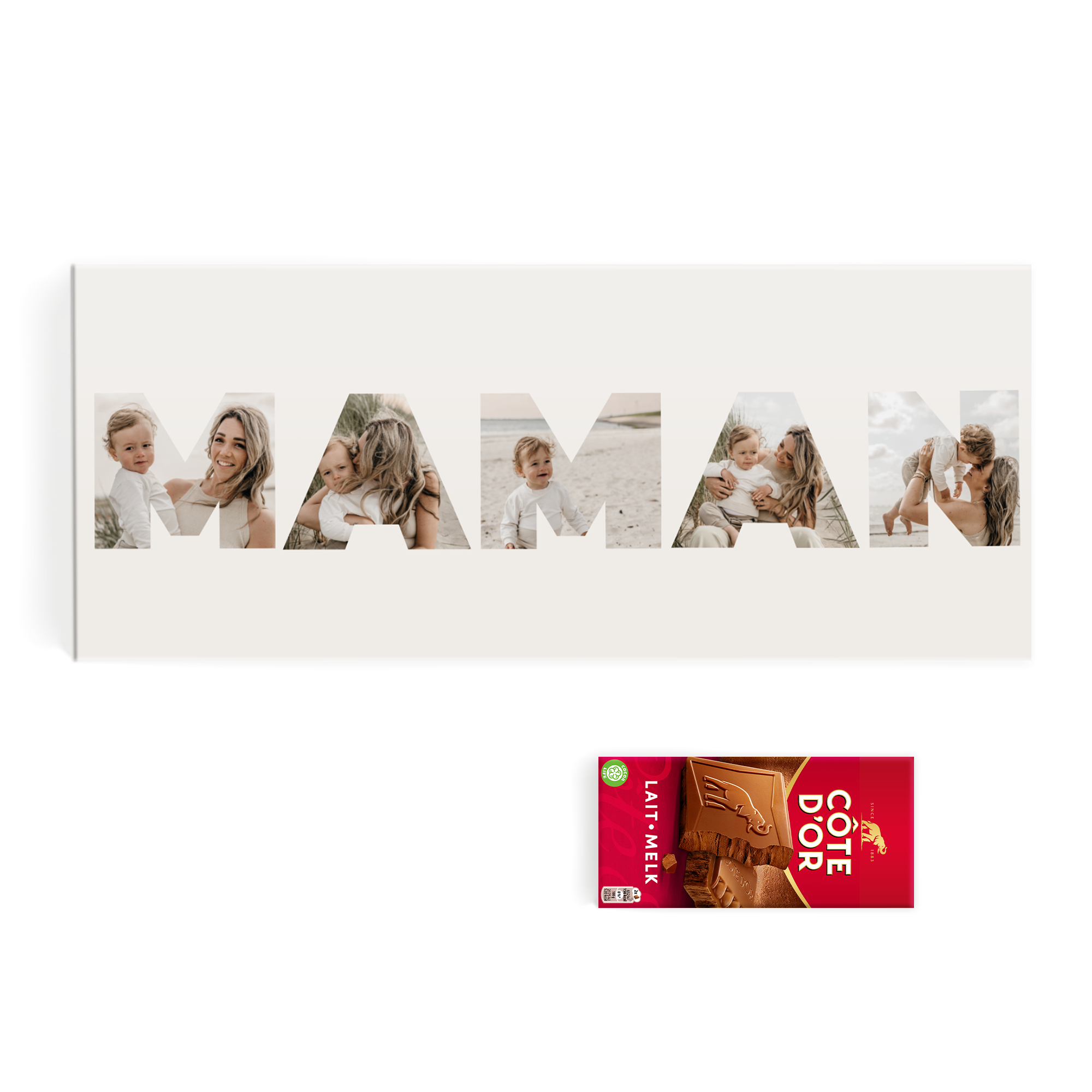 Tablette de chocolat XXL Côte d'Or personnalisée avec le texte MAMAN en photos.