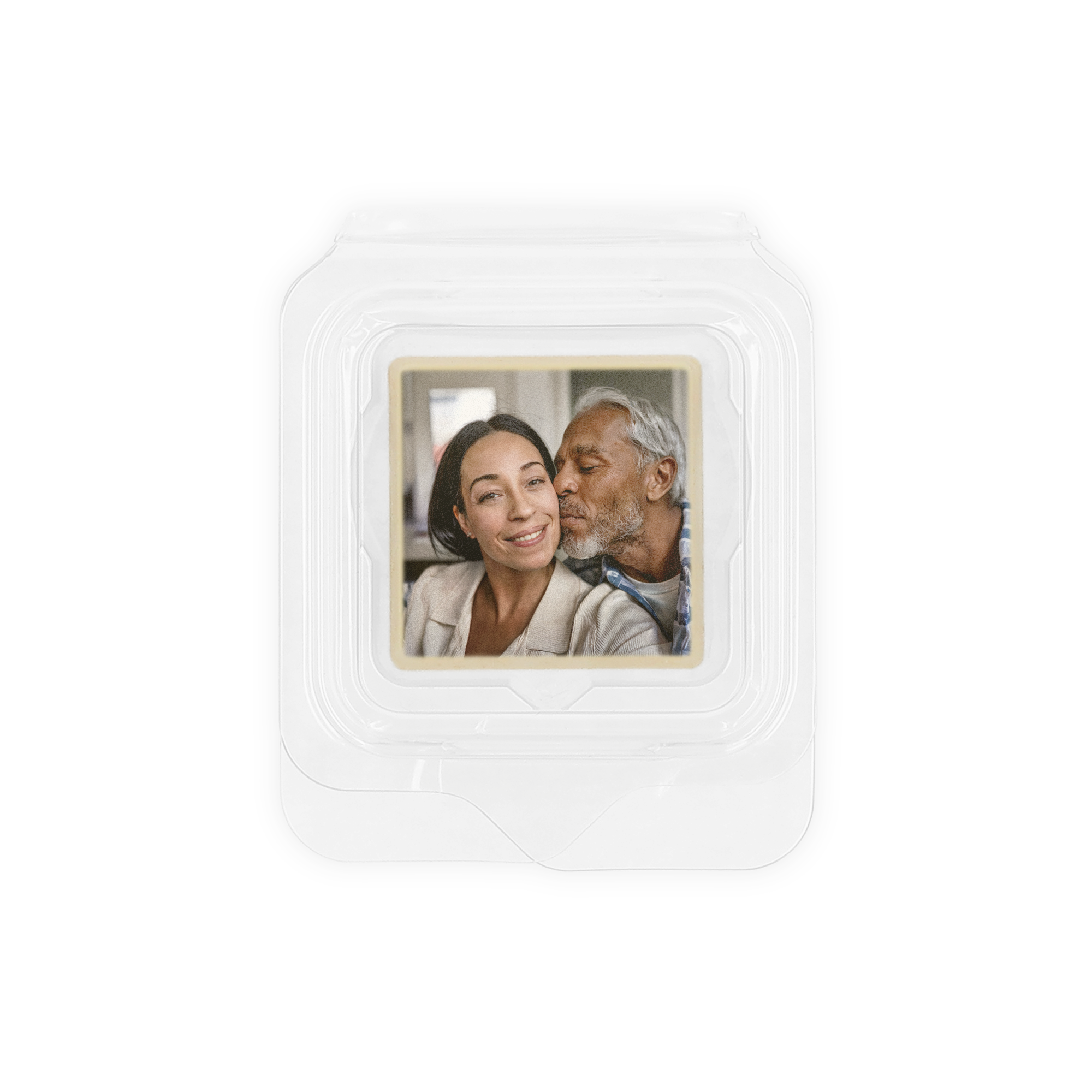 Einzeln verpackte Fotopralinen als Gastgeschenk, bedruckt mit einem Foto eines Paares