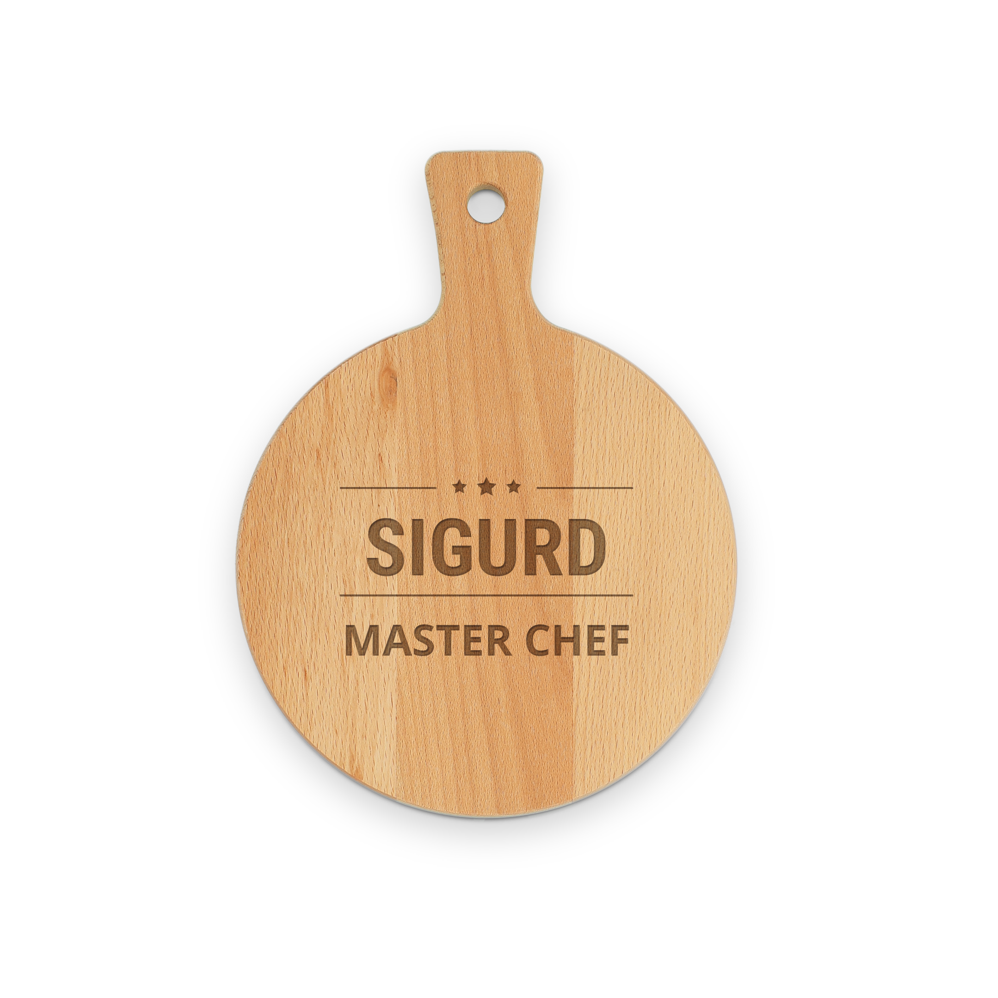 Rundt serveringsfat i tre, gravert med navnet SIGURD og teksten MASTER CHEF, for ditt favorittgodteri.