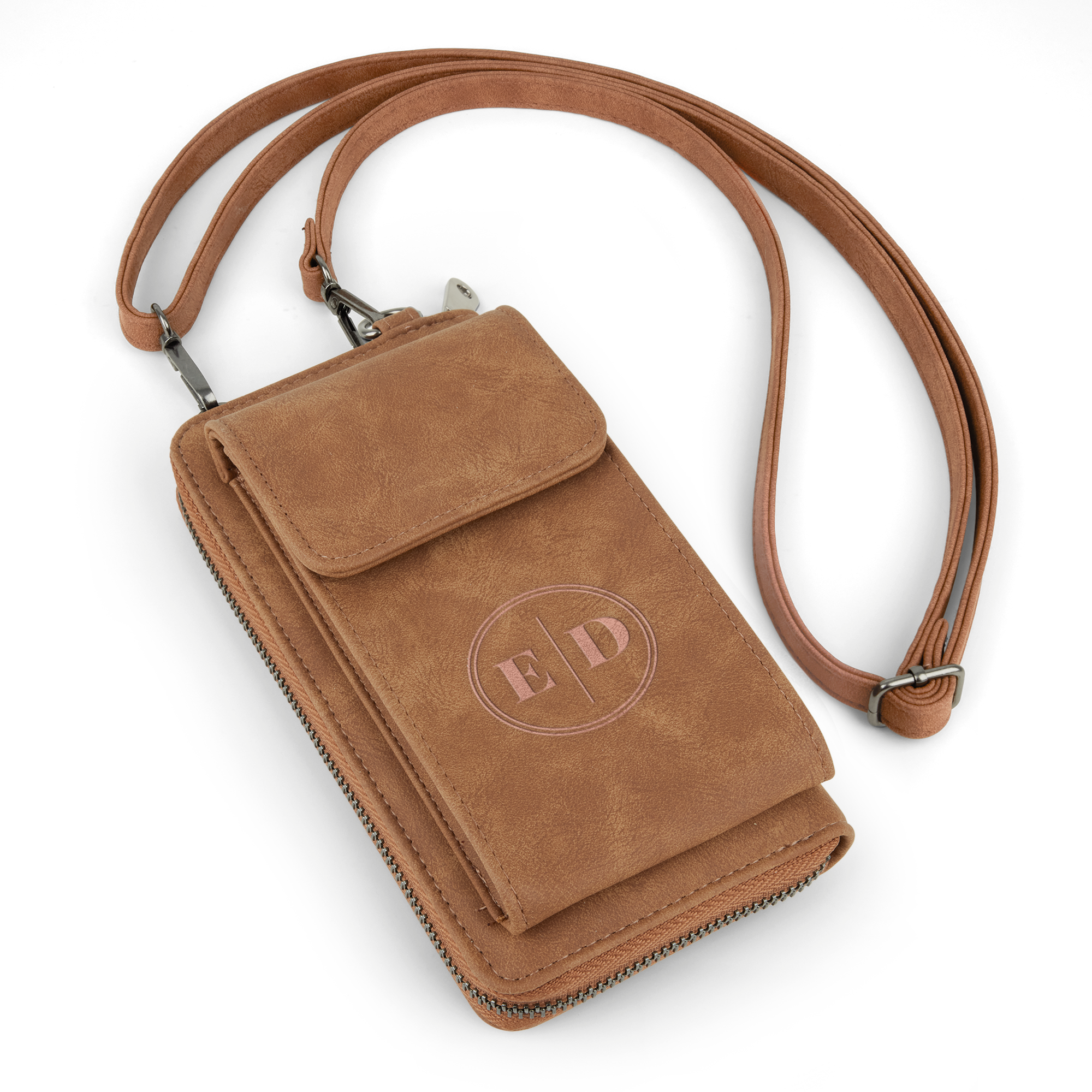 Pochette pour téléphone personnalisée cognac avec initiales ED gravées