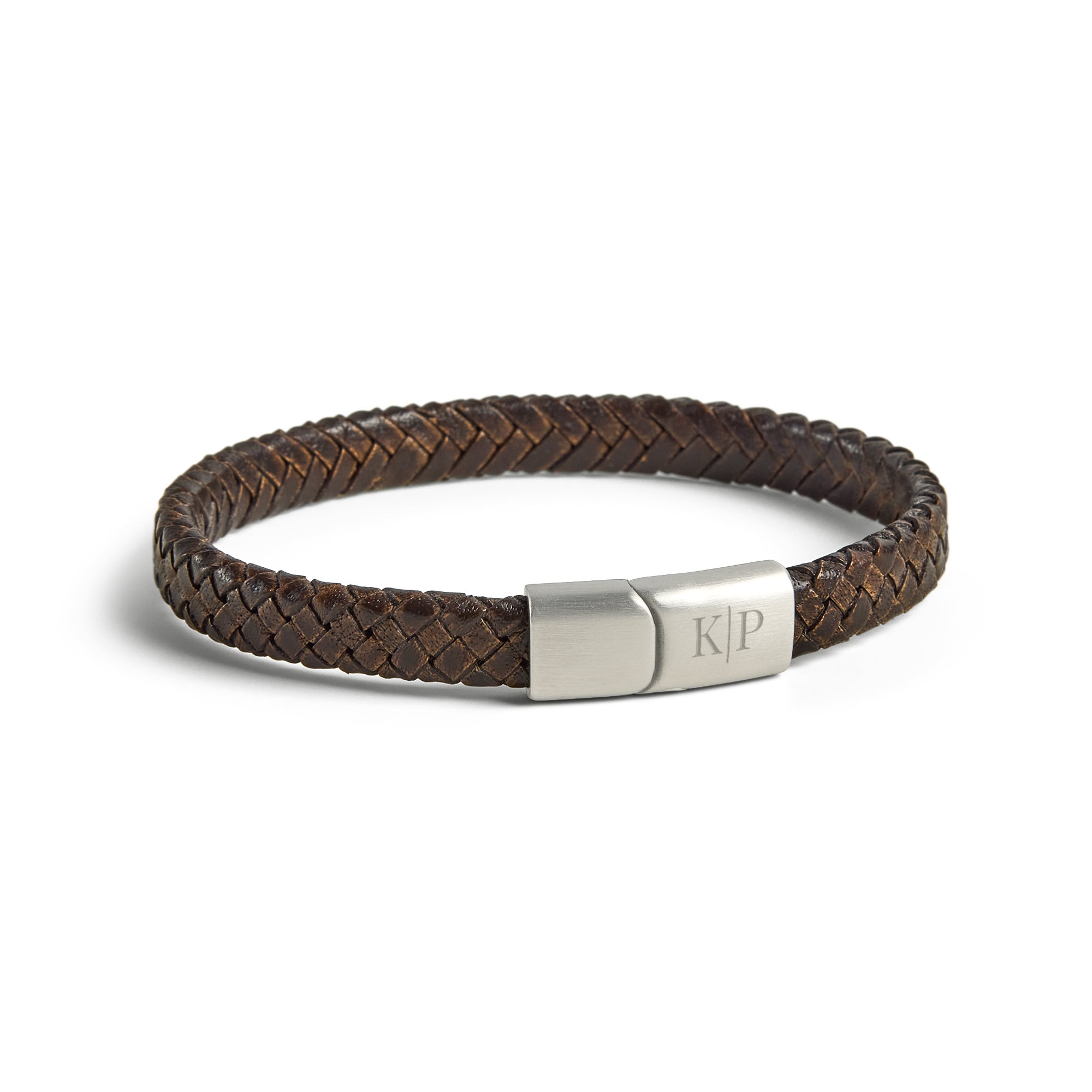 Luxe enkele heren armband leer graveren Bruin -M