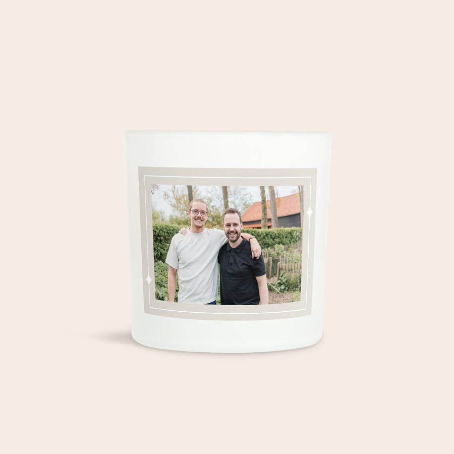 Glass candle holder Personalised candle holder printed with a photo of two men for a great gift