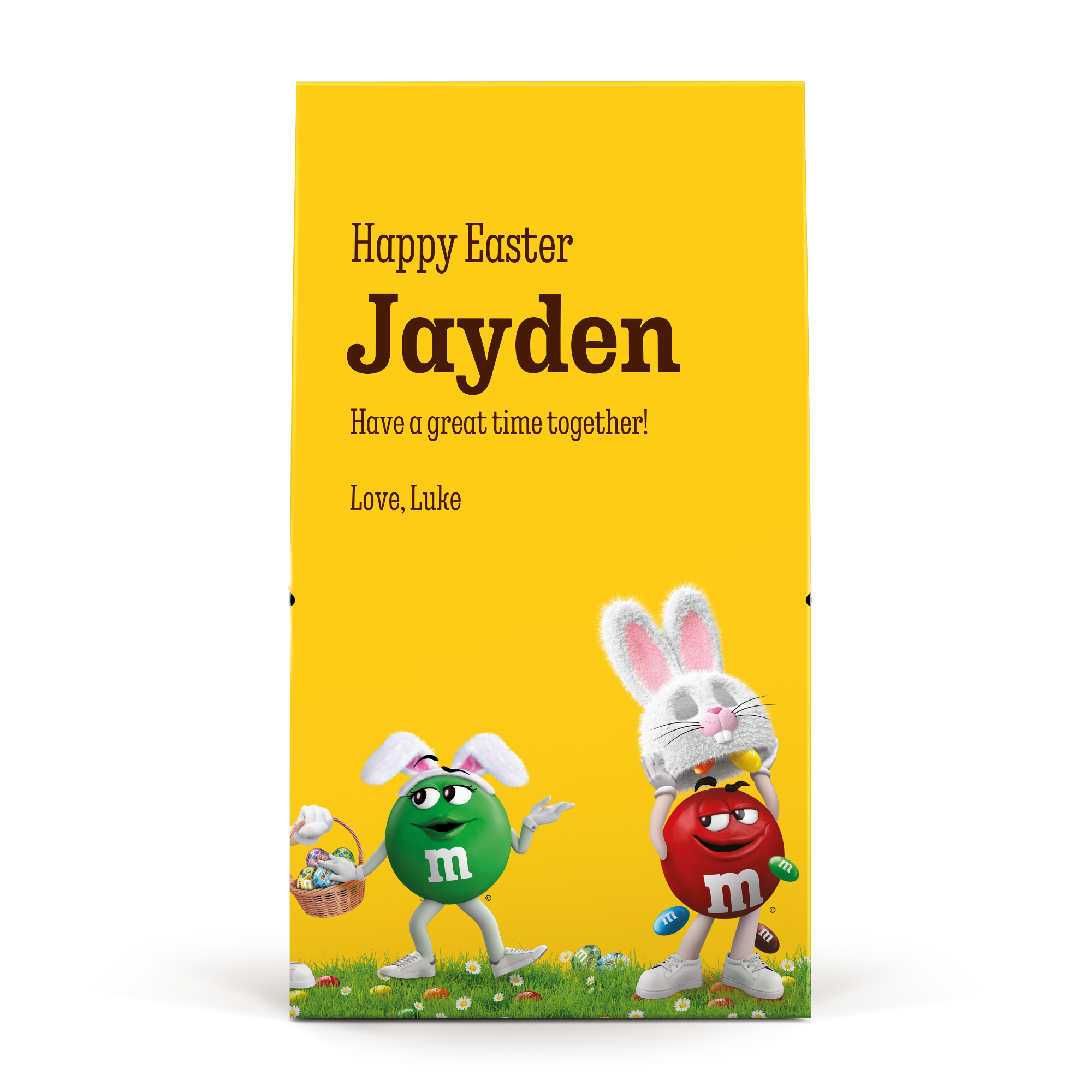 Caixa de presente M&M's gigante amarela personalizada com o nome Jayden, mensagem de Páscoa e foto de coelhos.