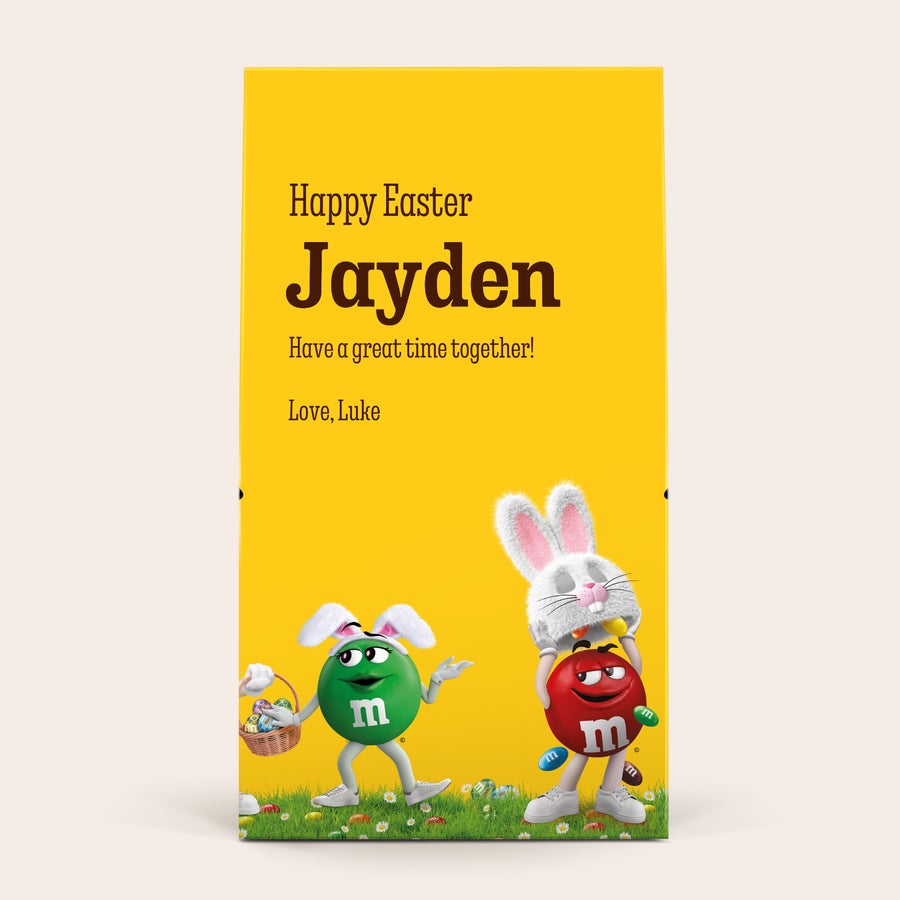 Confezione regalo personalizzata XL M&M's - 6 sacchetti (714 grammi) Scatola regalo XL di cioccolato M&M's personalizzata per Pasqua con nome Jayden e testo.