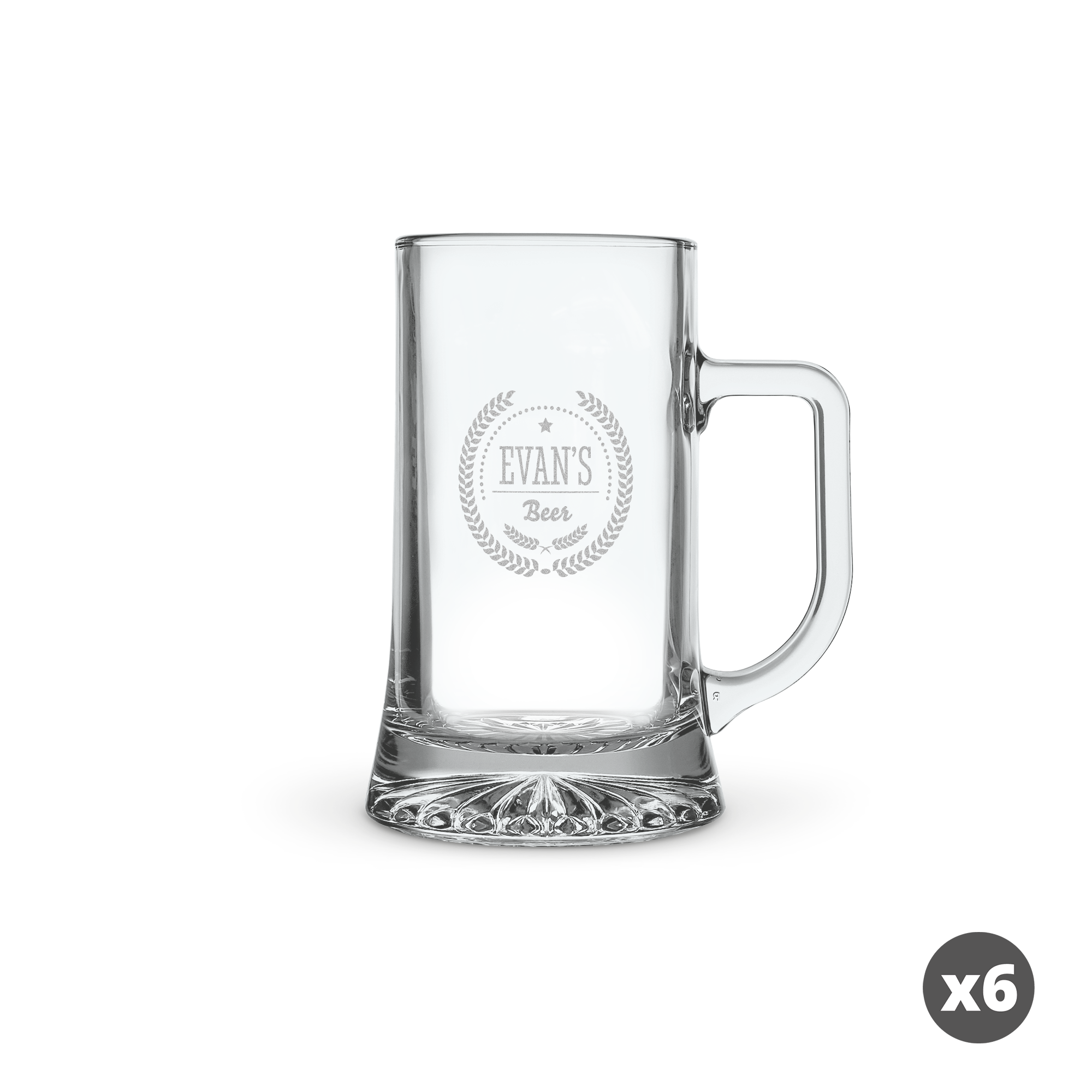 Jarra de cristal personalizada con el nombre "EVAN'S Beer" grabado, rodeado de un diseño de hojas.