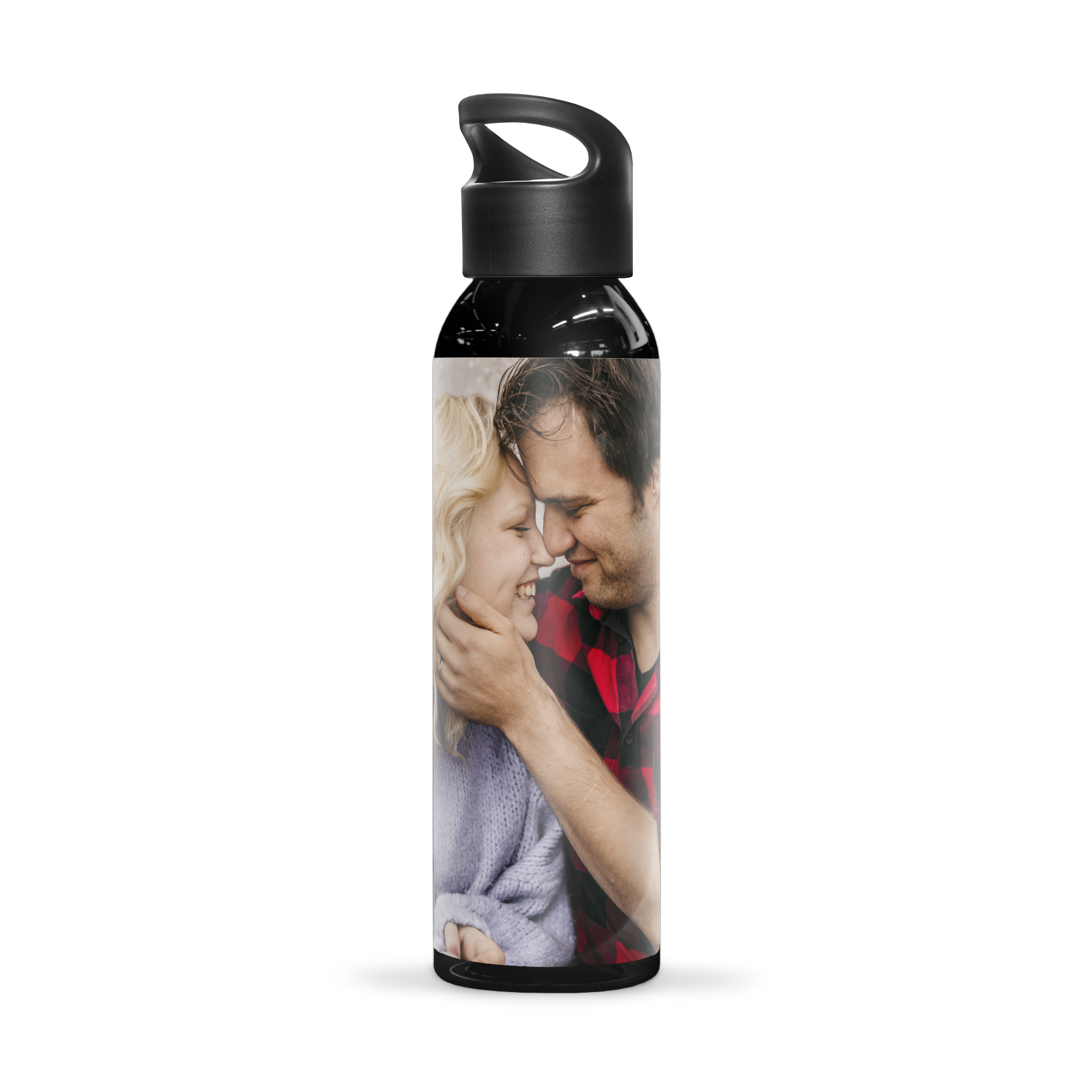 Black personalized water bottle printed with a photo of a couple