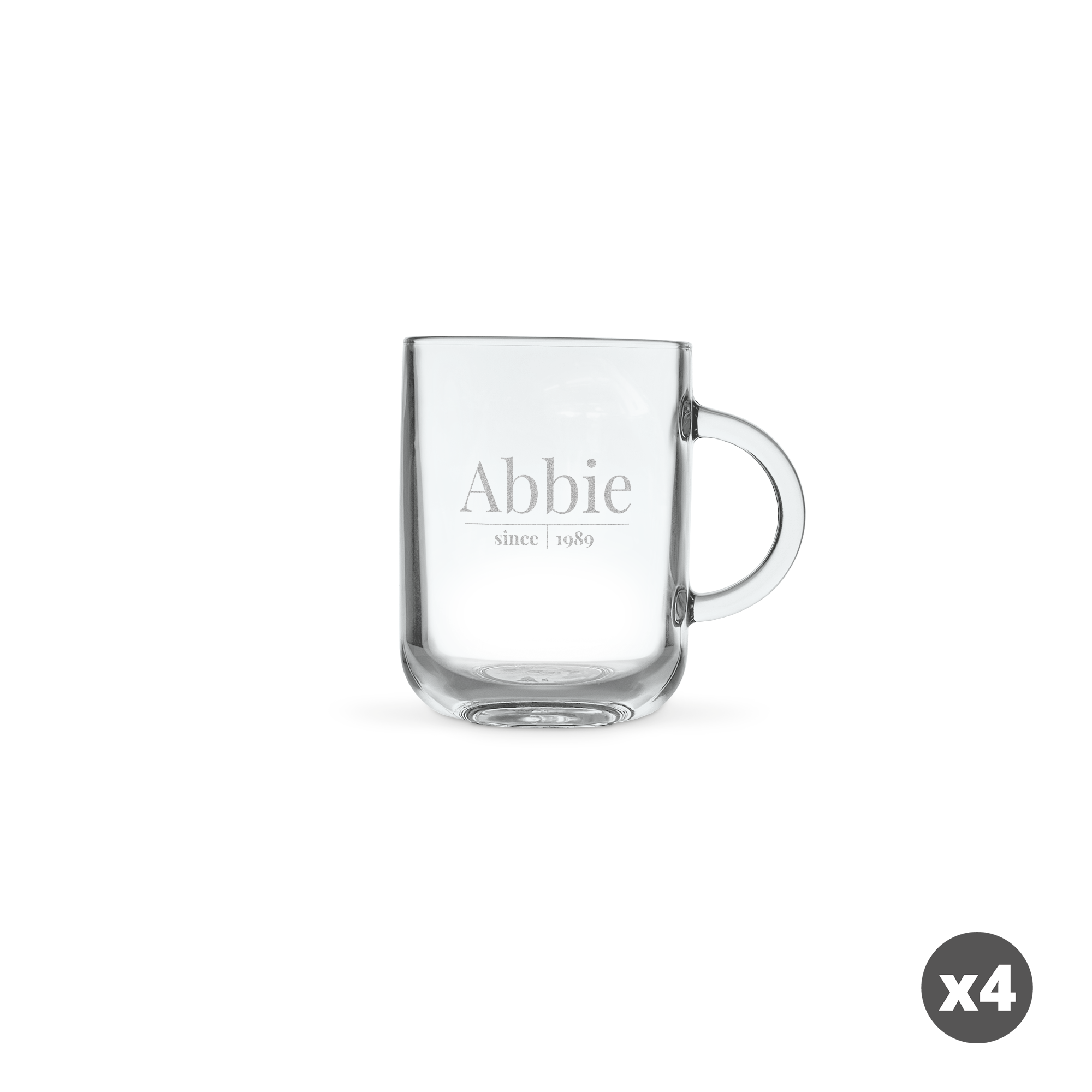 Taza de cristal grabada con el nombre Abbie y "since 1989", personalizable con texto