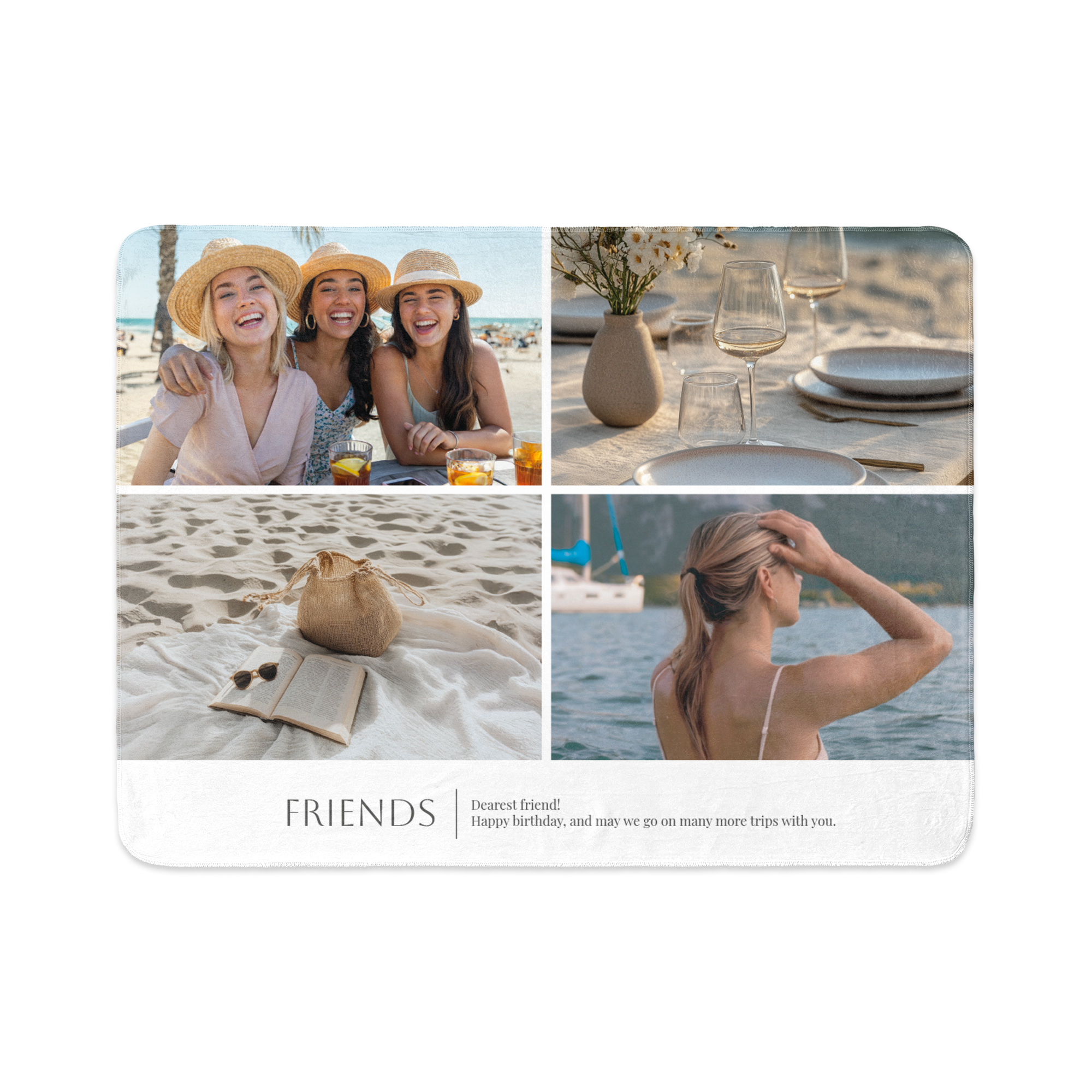 Fleecedeken bedrukt met foto collage van vier vakantiefoto's en de tekst "FRIENDS"