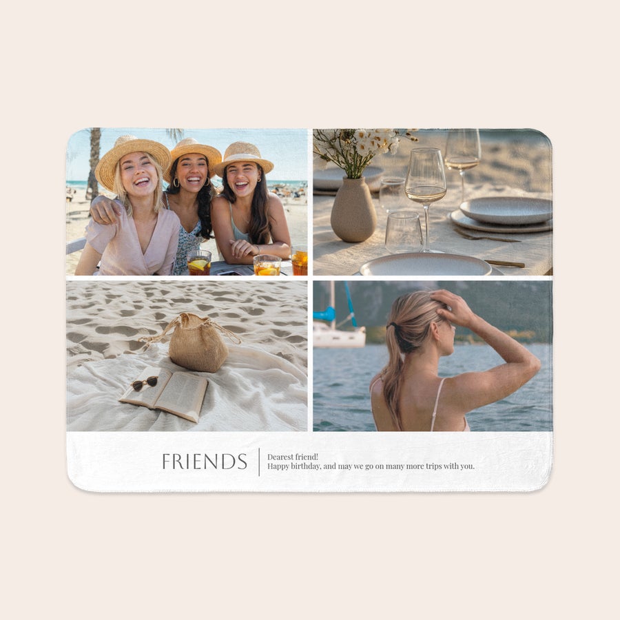 Manta con foto Manta de felpa impresa con cuatro fotos personalizadas y el texto Friends para que tu sofá se vuelva más cómodo.