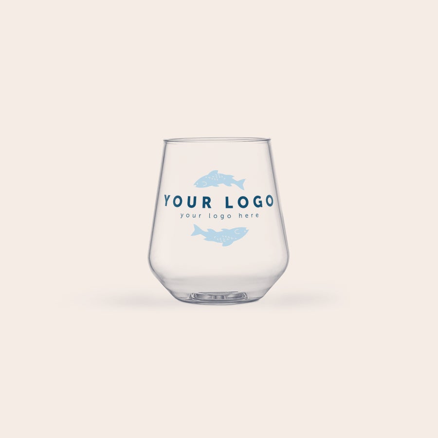 Pahar de apă imprimare Pahar elegant de picnic personalizabil, imprimat cu logo și două ilustrații de pește.