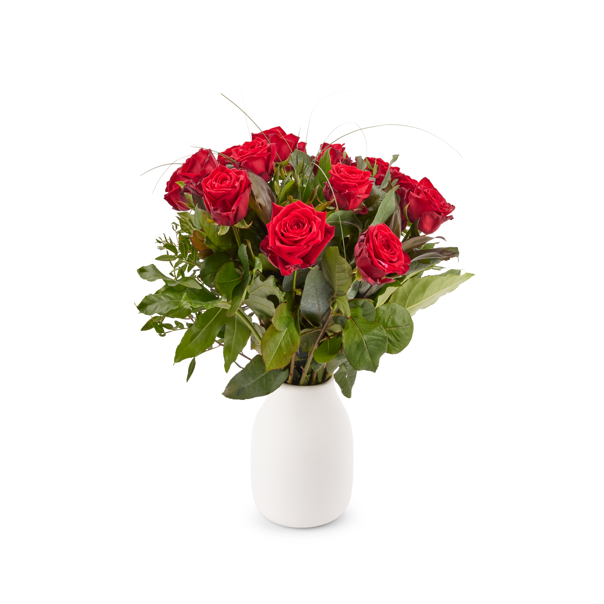 Boeket rode rozen in witte vaas met de optie om een gratis cadeaukaartje te laten bezorgen.