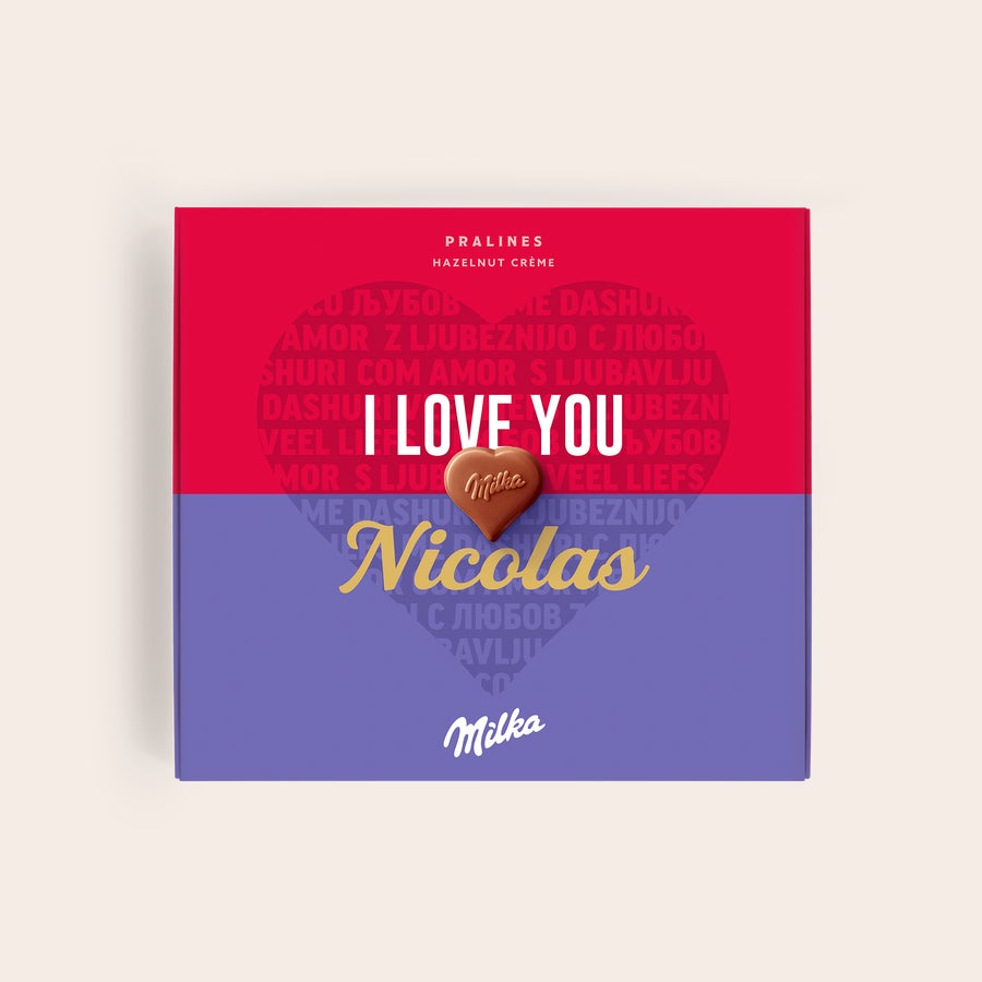 Milka personnalisé - Amour Coffret Milka personnalisé imprimé avec "I LOVE YOU", un cœur en chocolat et le prénom Nicolas.