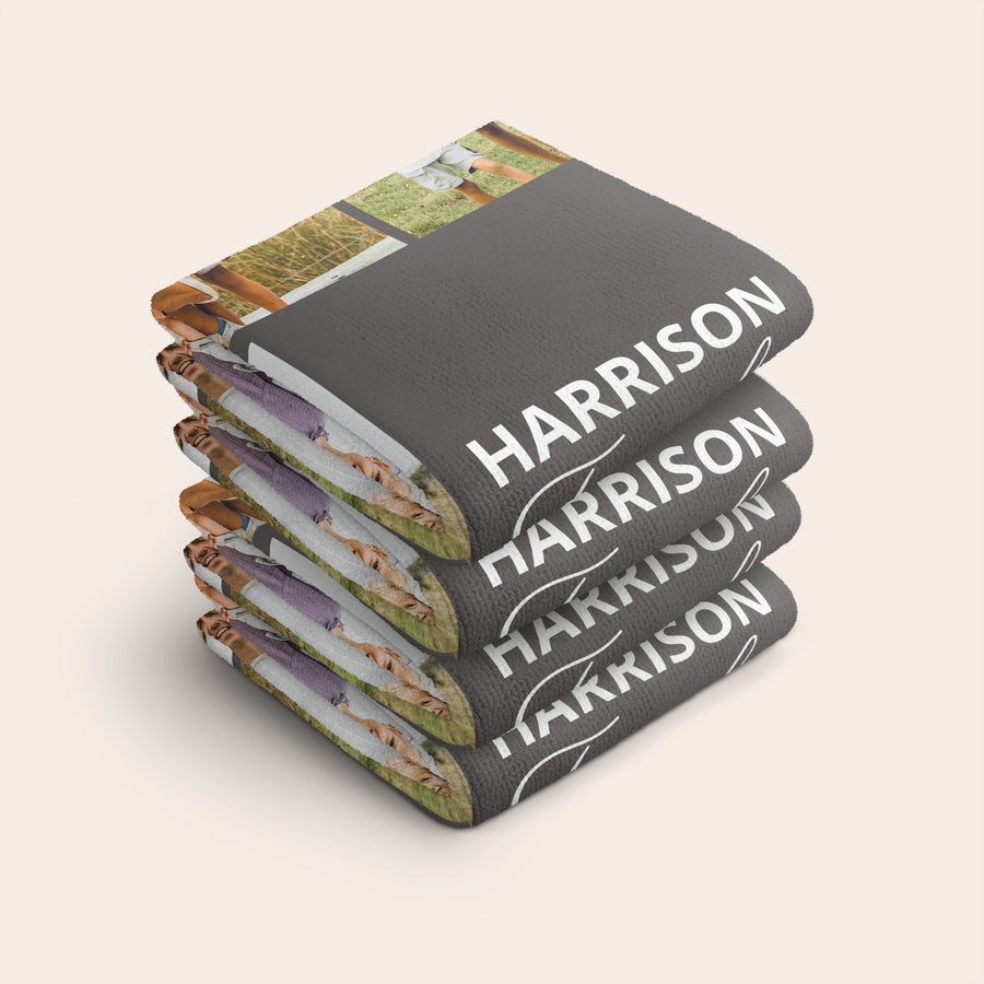 Personalised towel set Stack of four personalised guest towels - 30 x 50 - 4 pcs, dark gray with white embroidered name