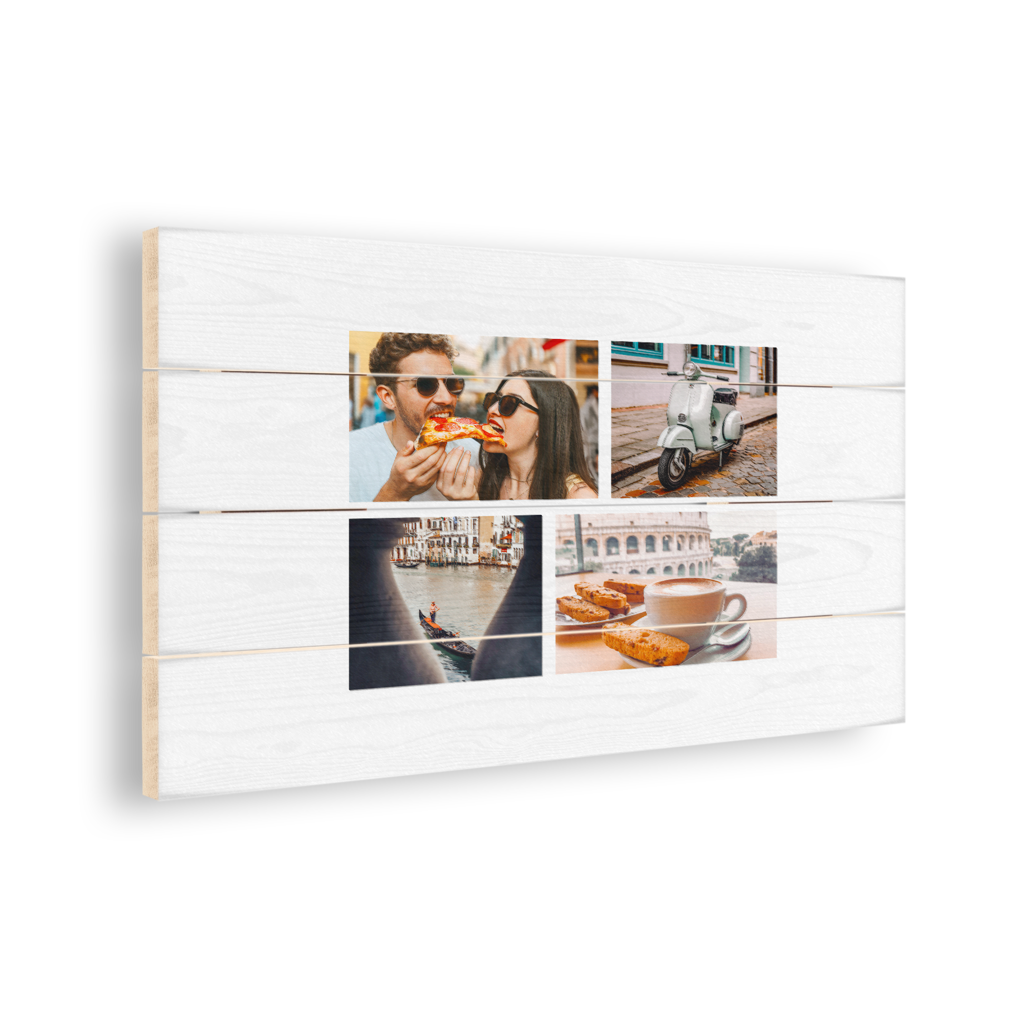 Foto op hout met geprinte collage van vakantiemomenten, waaronder een stel met pizza