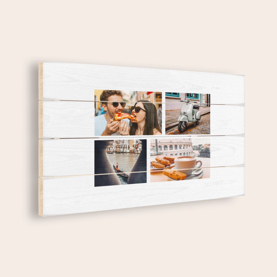 Foto op hout afdrukken Foto op hout met geprinte collage van vakantiemomenten, waaronder een stel met pizza