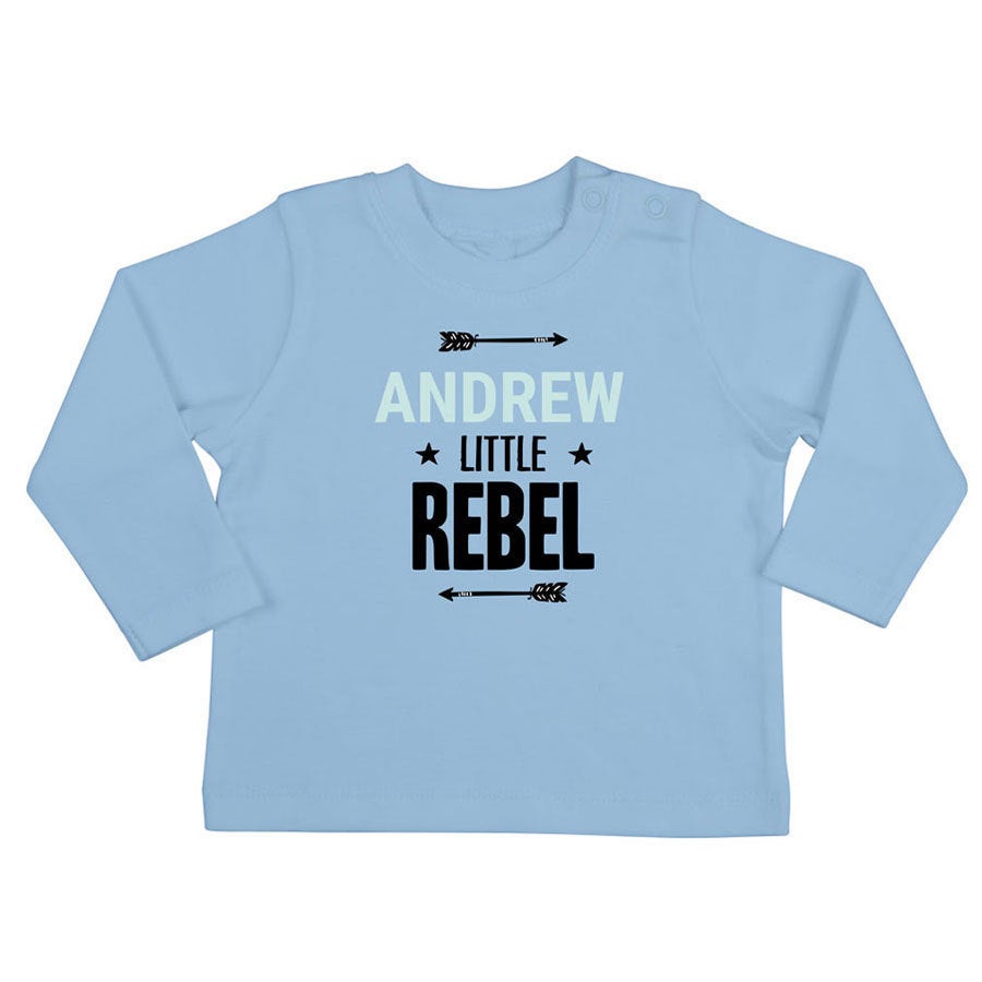 T-shirt til babyer med navn - Langærmet - Babyblå - 50/56