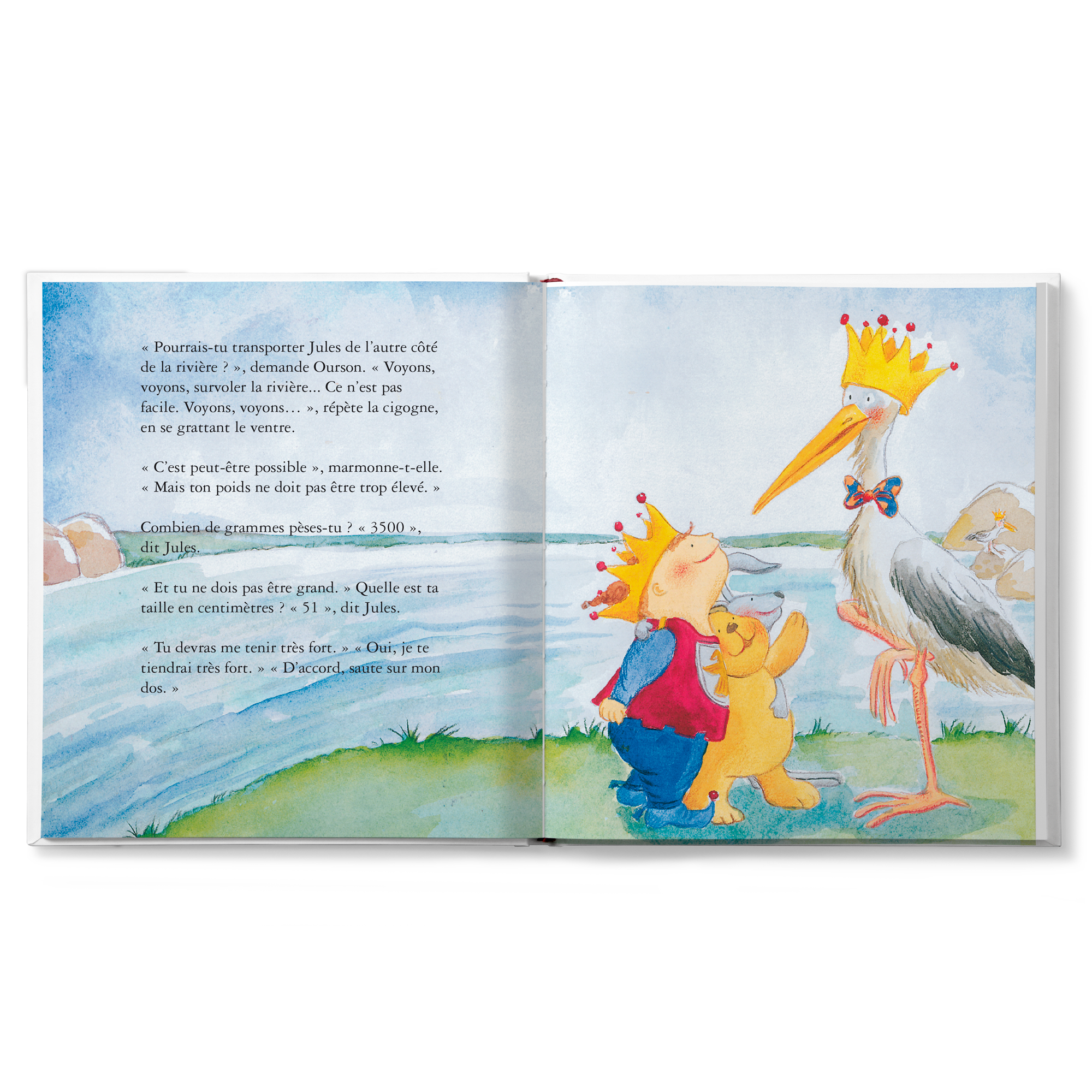 Livre bébé personnalisé Offre à un bébé son premier rôle principal, pages ouvertes avec un enfant et une cigogne couronnés.