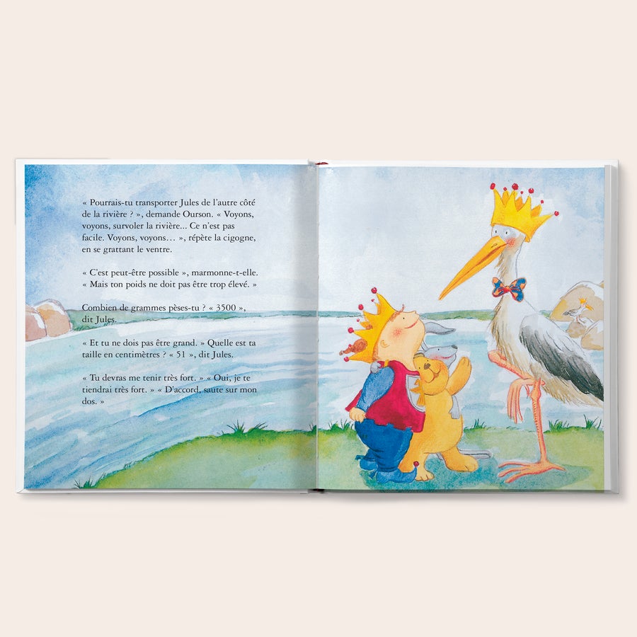 Mon livre de bébé - Livre personnalisé Livre bébé personnalisé Offre à un bébé son premier rôle principal, pages ouvertes avec un enfant et une cigogne couronnés.