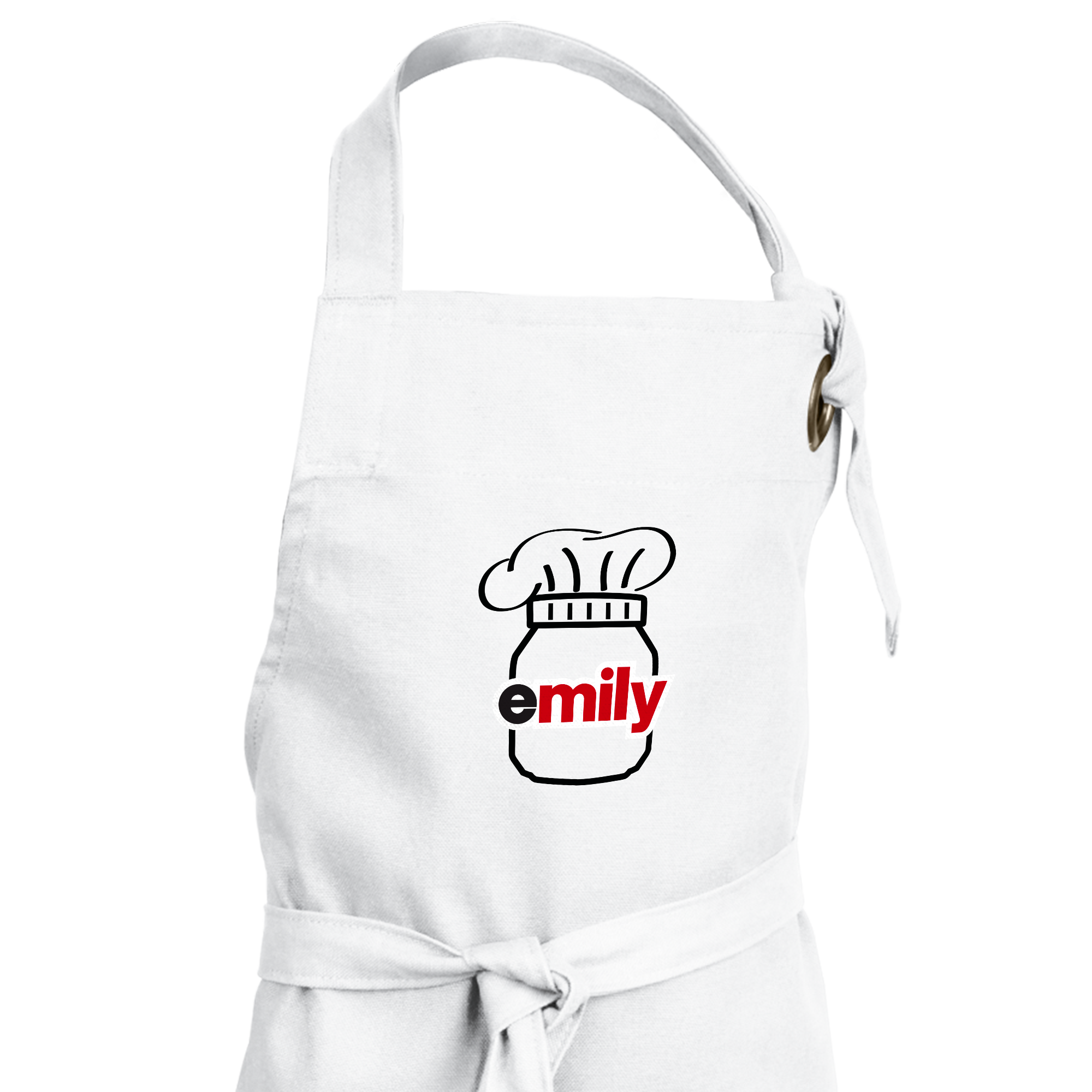 Weiße Schürze mit aufgedrucktem Glasmotiv und Kochmütze, personalisiert mit dem Namen Emily. Backspaß-Geschenkset.