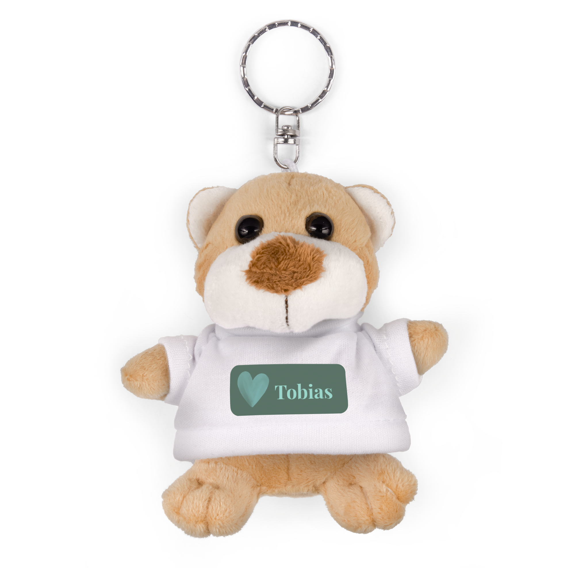 Chaveiro de urso de pelúcia com nome Tobias impresso na camiseta branca